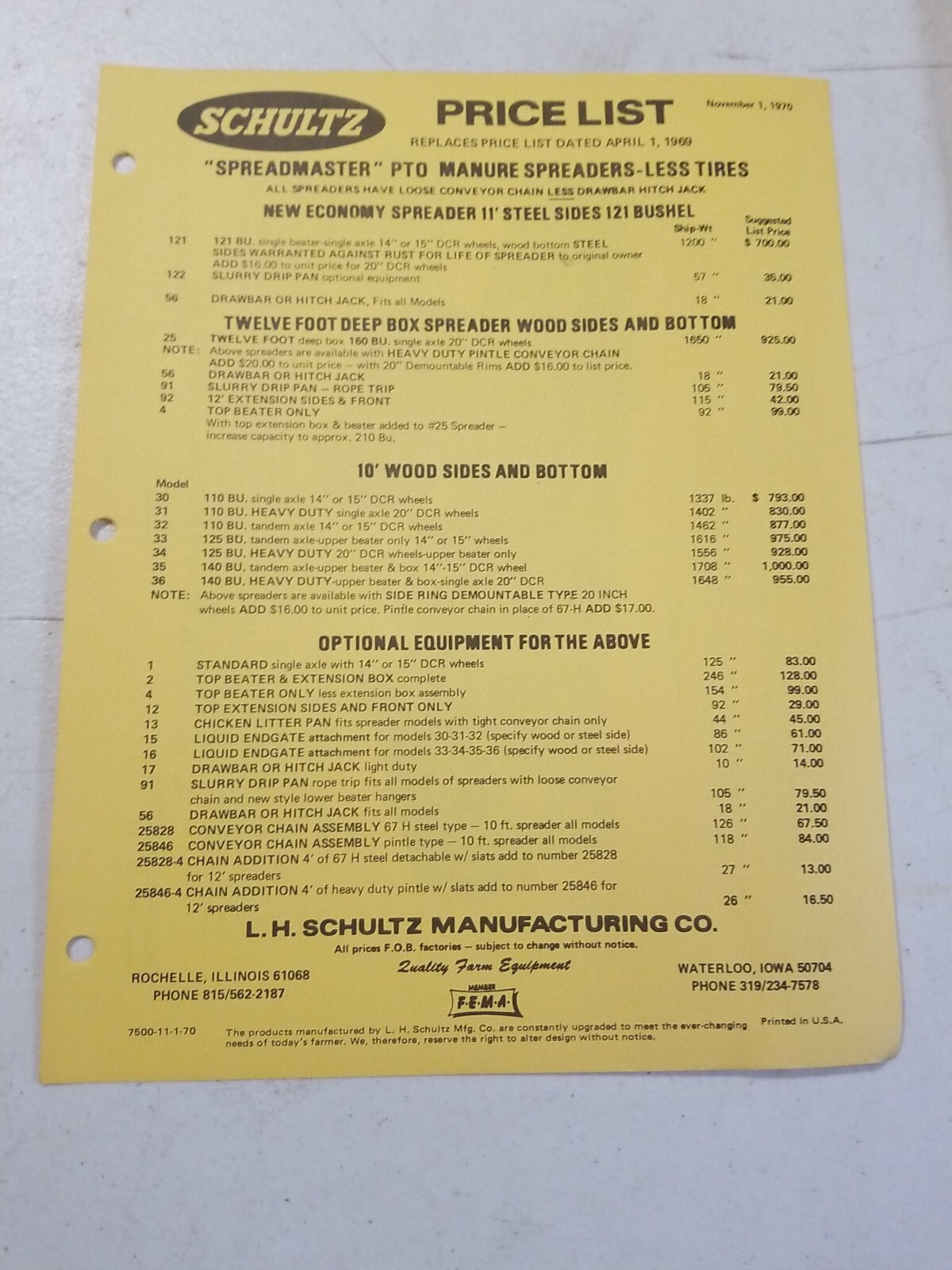 Vintage 1970 L.H. SCHULTZ Mfg Co GENERAL MANURE SPREADER Brochure & Price List