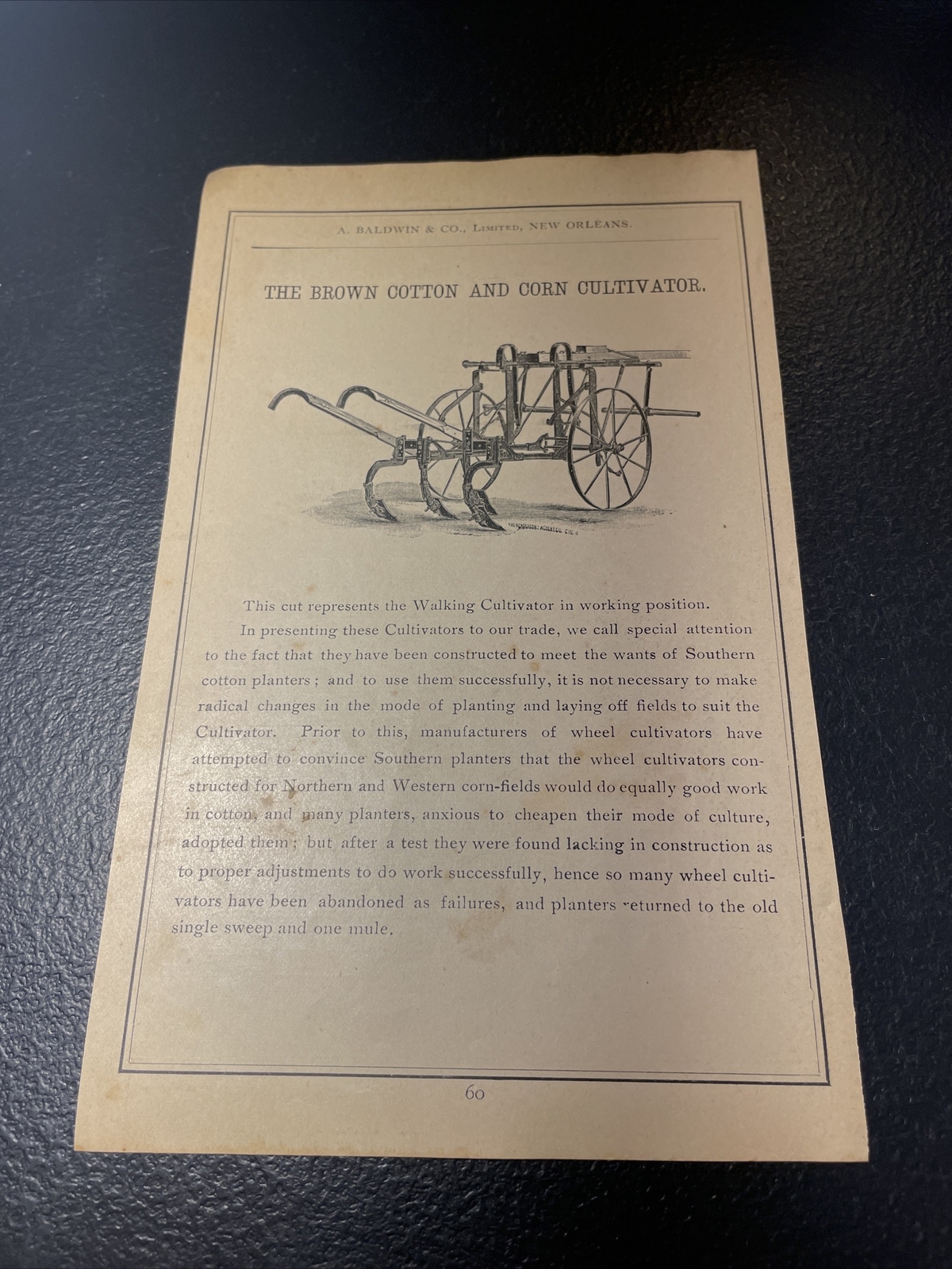 1891 Baldwin – Brown Cotton & Corn Cultivator Farm Advertising – New Orleans