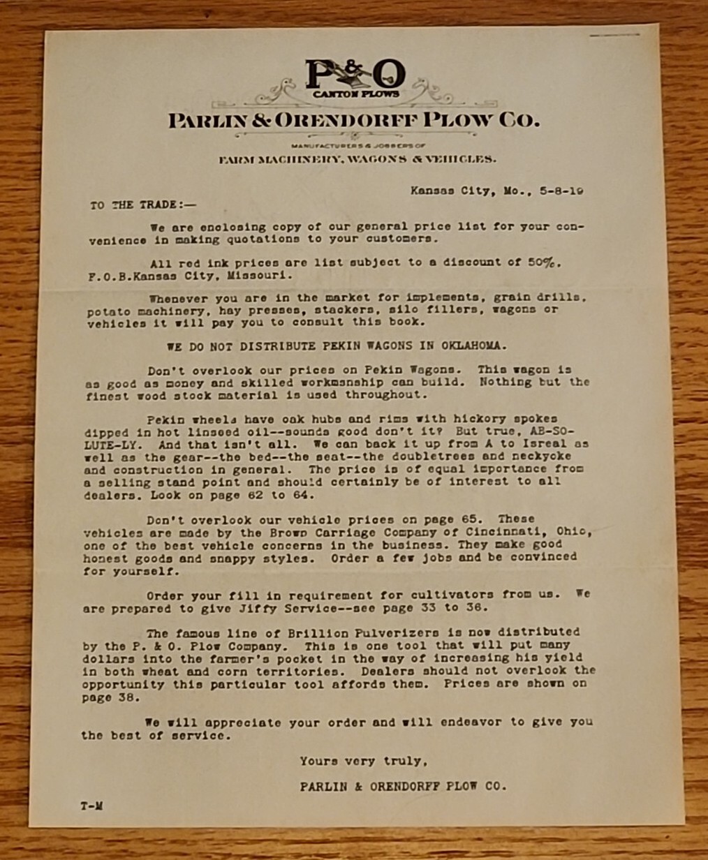 Parlin and Orendorff P&O Plow Co Letterhead 3x 1913 1915 1919