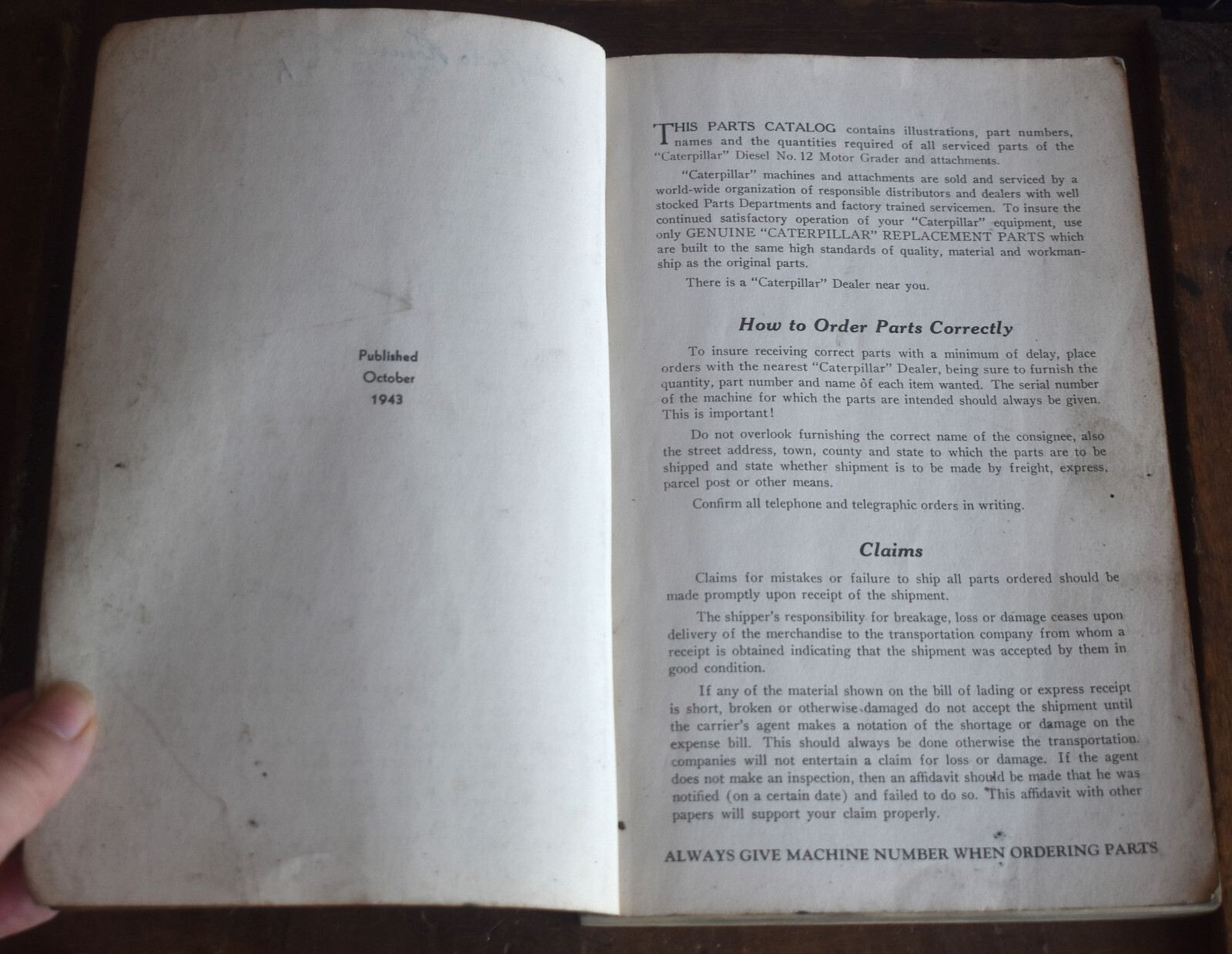 1943 Caterpillar Diesel No 12 Motor Grader Master Parts Catalog Book