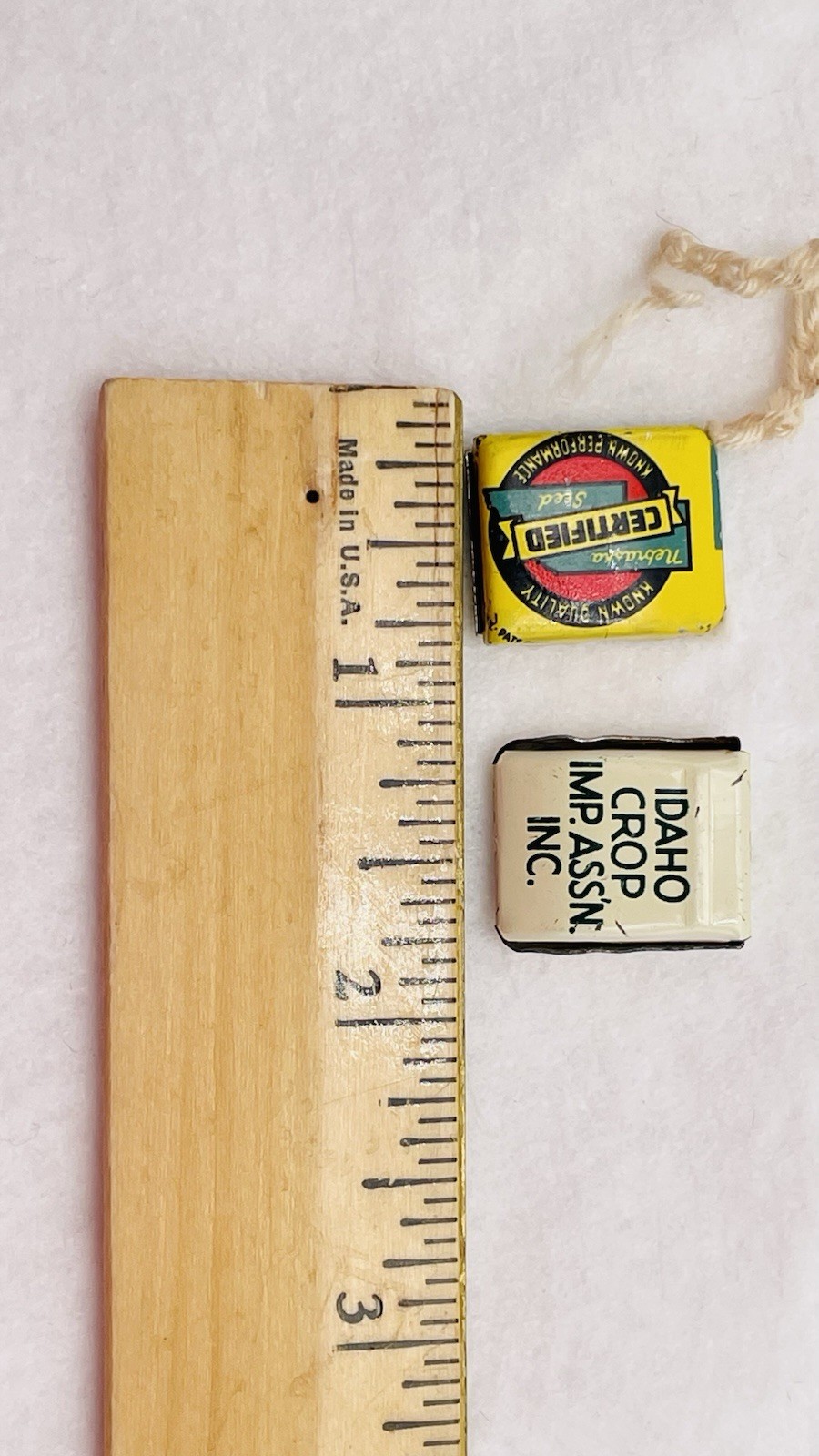 Lot 13 VTG Farm Metal Seed Bag Tag Clip NEBRASKA Crop Improvement Assoc & Idaho