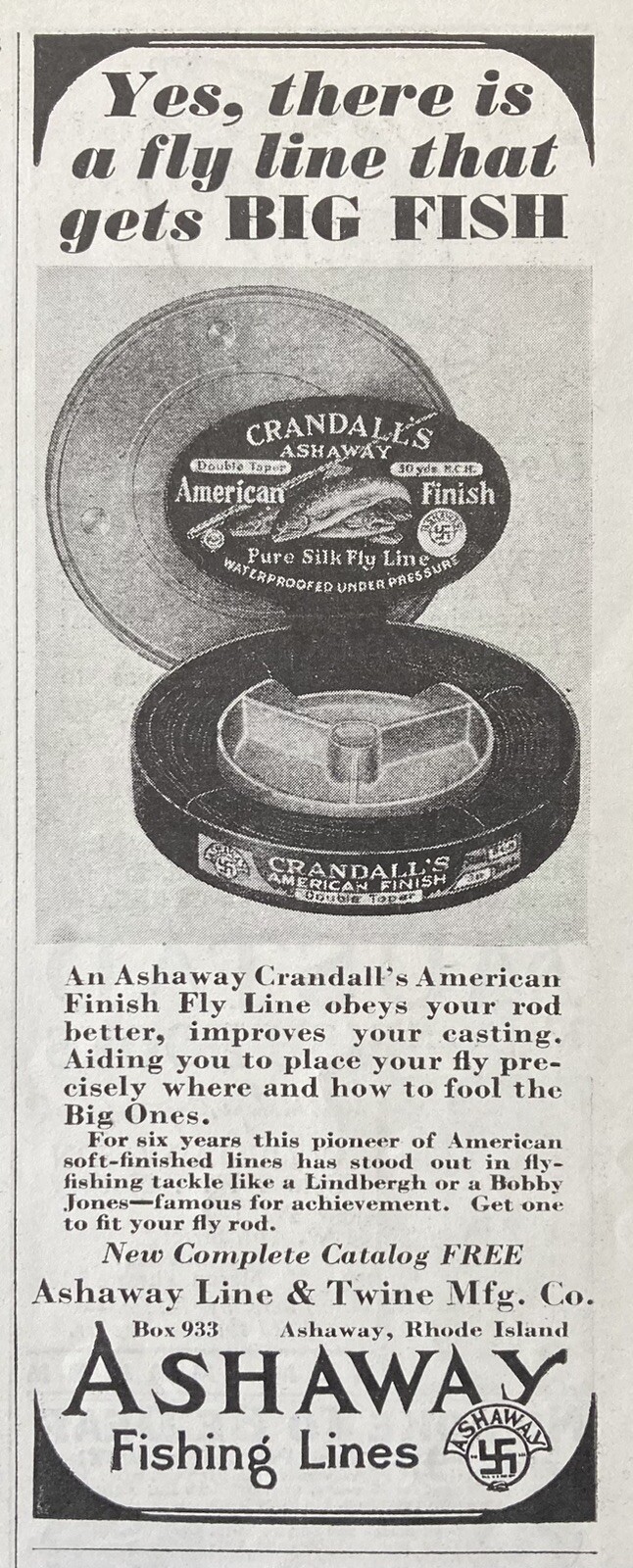 1932 AD.(XH65)~ASHAWAY LINE MFG. CO. ASHAWAY, RI. CRANDALL’S FLY FISHING LINE