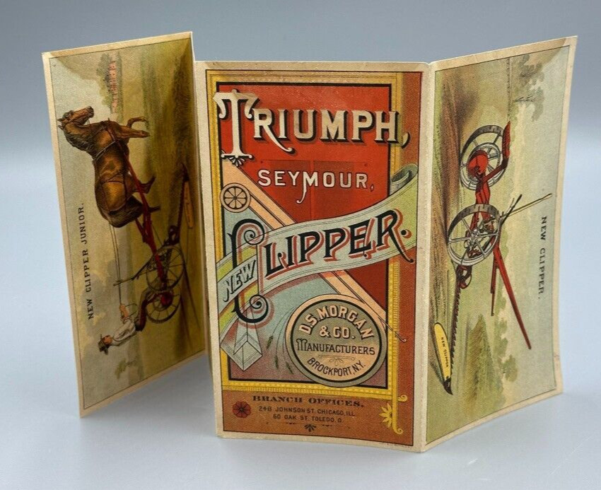 1880s TRIUMPH Seymour Reaper Farm Advertising Folding Trade Card BROCKPORT NY