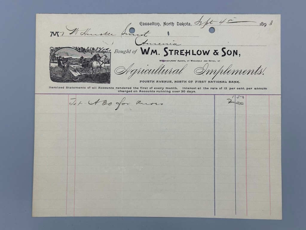 1893 CASSELTON North Dakota McCORMICK HARVESTER Strehlow FARM Advertise Receipt
