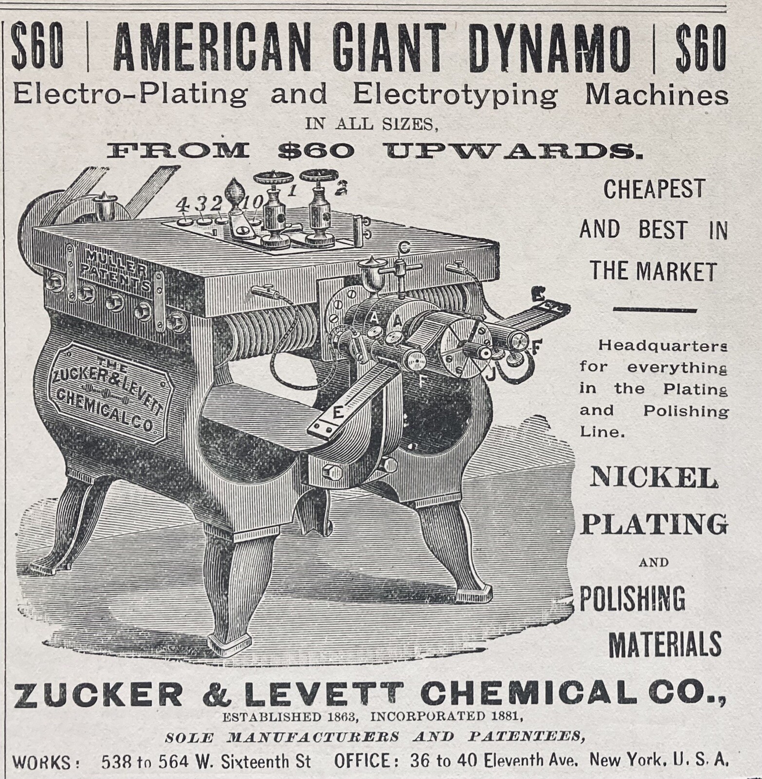 1888 AD.(XH7)~ZUCKER & LEVETT CO. NYC. AMERICAN GIANT DYNAMO PLATING MACHINE