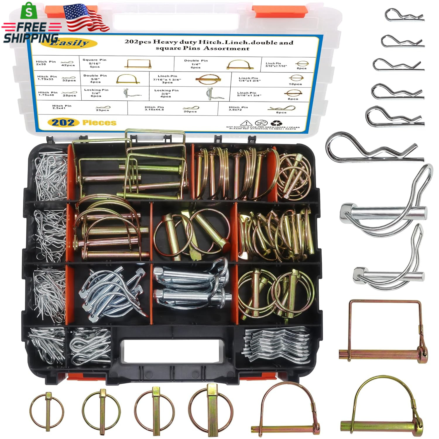 202PCS Hitch Pins Clip Pins, Linch and PTO Pins for Trailers Tractors Trucks Tow