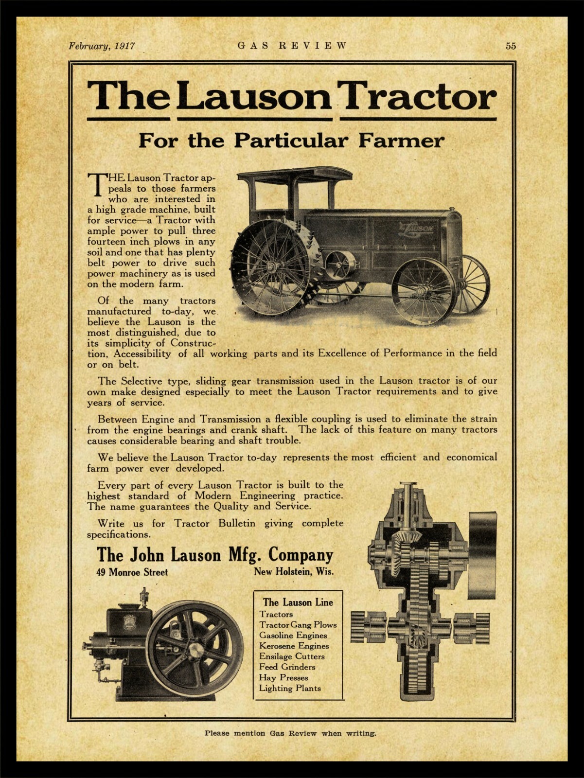 1917 Lauson Tractors of New Holstein, Wisconsin NEW Metal Sign: 12×16 Large Size