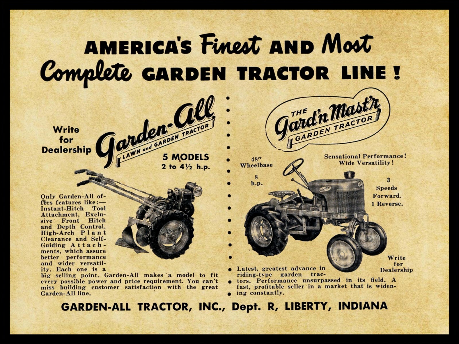 1953 Garden-All Tractors New Metal Sign: Gard&rsquo;n Mast&rsquo;r Model – Liberty, Indiana