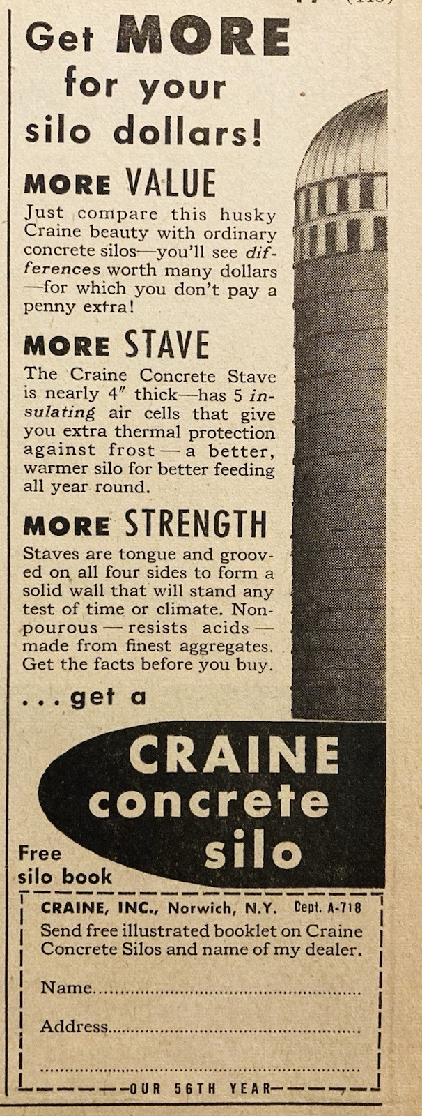 1958 AD.(XH85)~CRAINE INC. NORWICH, NY. CRAINE CONCRETE SILOS