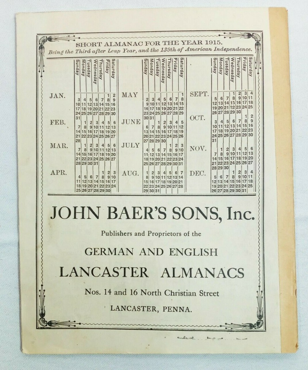 Vintage 1915 John Bear Baer&rsquo;s Agricultural Almanac Lancaster PA Antique Farmers