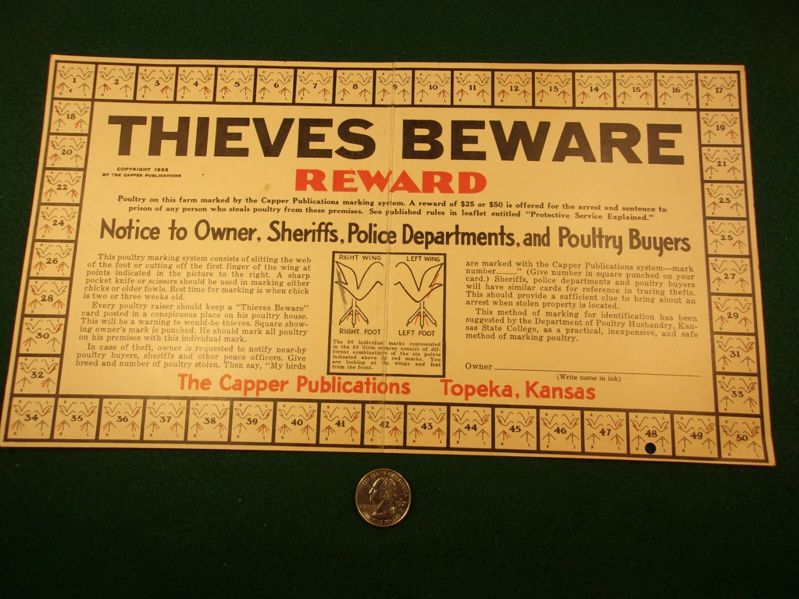 RARE OLD VTG ANTIQUE 1933 PLACARD: THIEVES BEWARE, REWARD (FOR POULTRY THEFT)