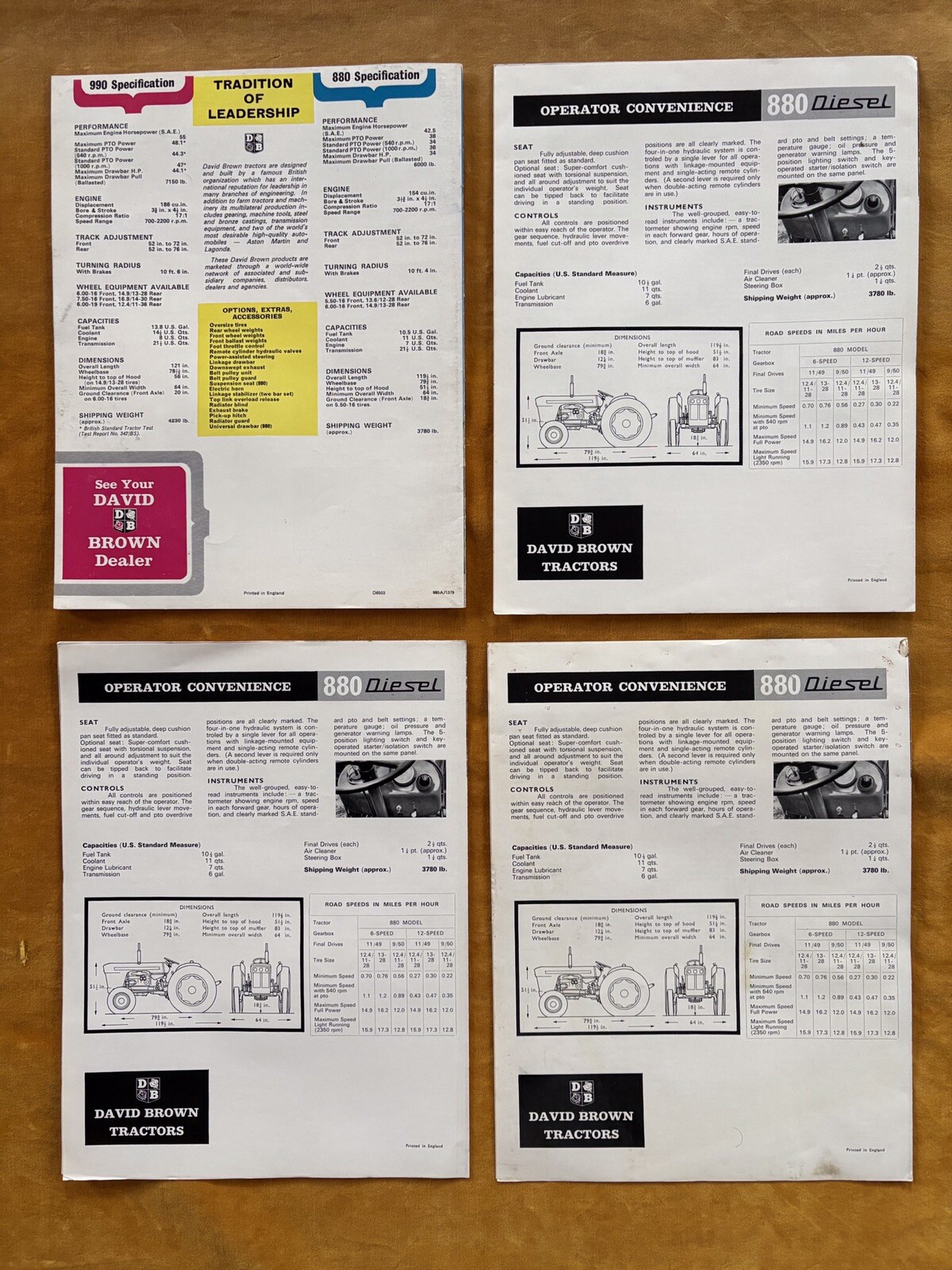 David Brown Diesel 990 880 Tractor Sales Brochure Lot of (4) 3-Plow 4-Plow