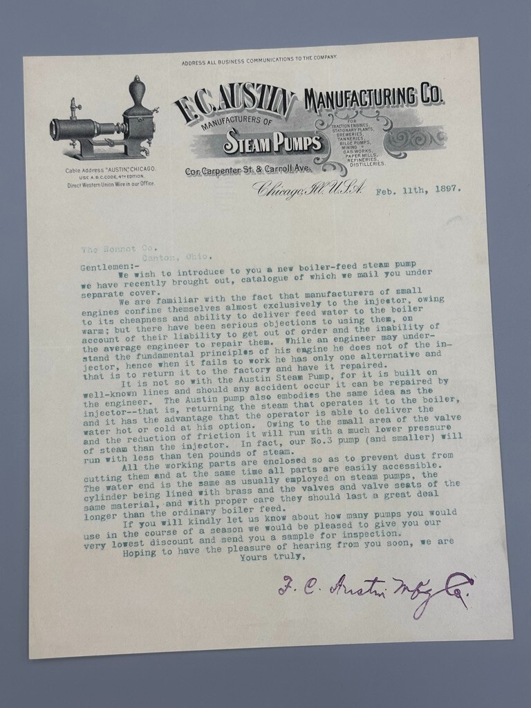 1897 F C AUSTIN STEAM PUMPS Antique Advertising Letter Farm Brewery Mining
