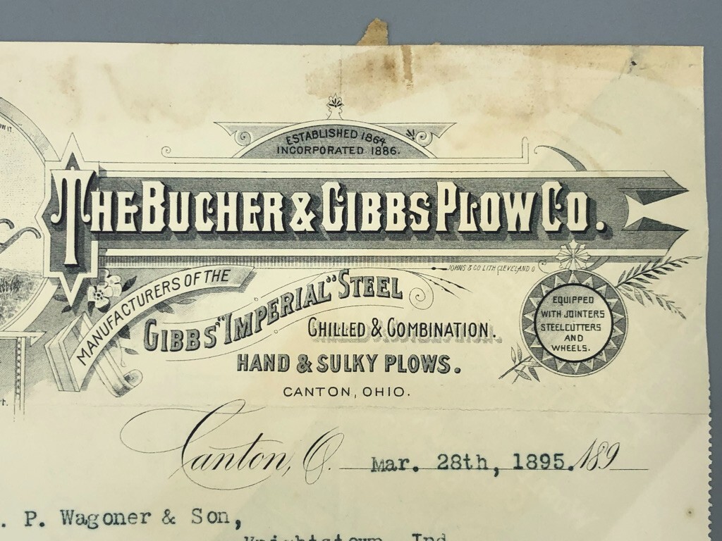 1895 Bucher & Gibbs PLOW Bill Antique Farm Advertising CANTON OH Worlds Fair