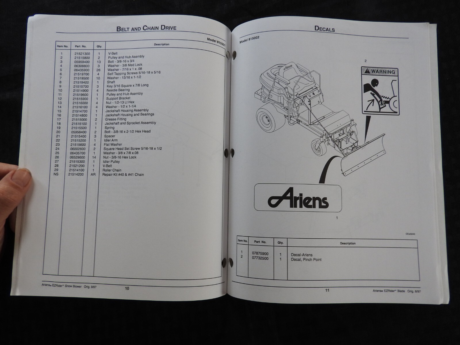 ARIENS EZRIDER 815 SERIES ZERO-TURN MOWER PARTS CATALOG MANUAL BLADE BAGGER SNOW