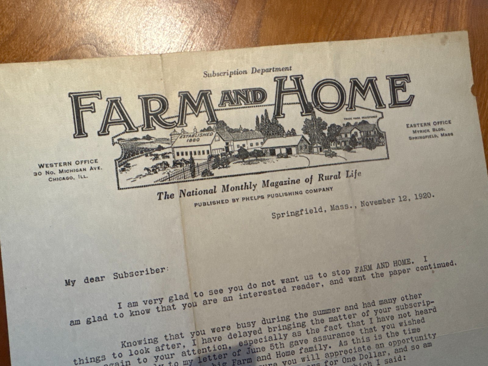 FREE SHIP! 1920 Farm and Home Subscription Letter and Original Envelope