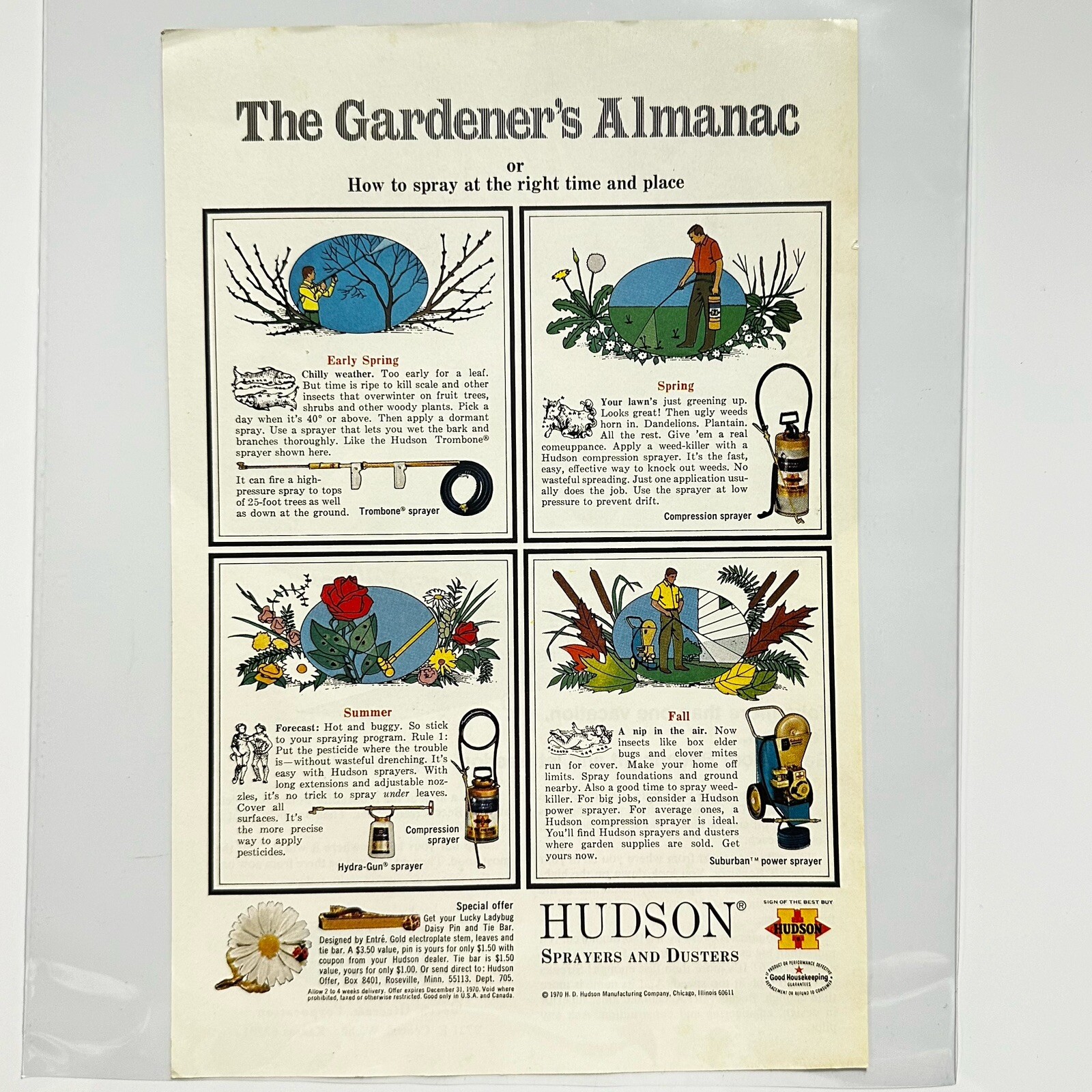 1970 Hudson Sprayers Print Ad Seasonal Application Schedule Gardeners Almanac