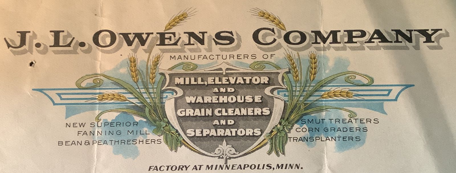 Letterhead Minneapolis MN 1919 J. L. Owens Co. Farm Farmer Mills Grain Feed