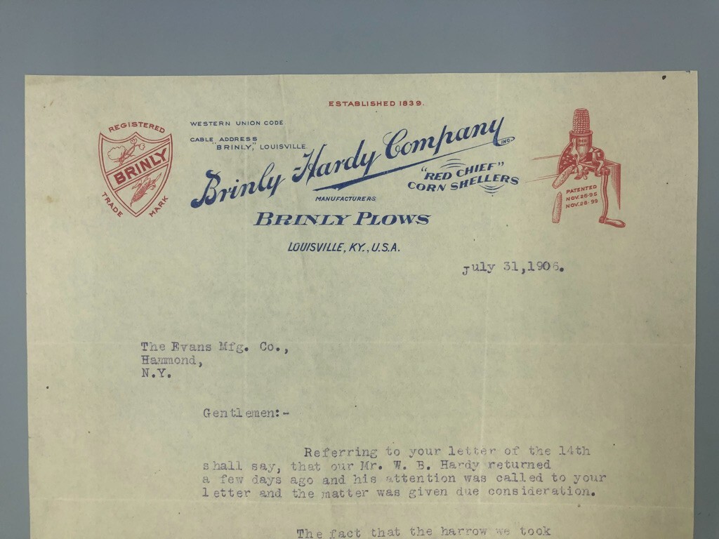 1906-1911 BRINLY HARDY PLOWS Letterhead Antique FARM Advertising LOUISVILLE KY