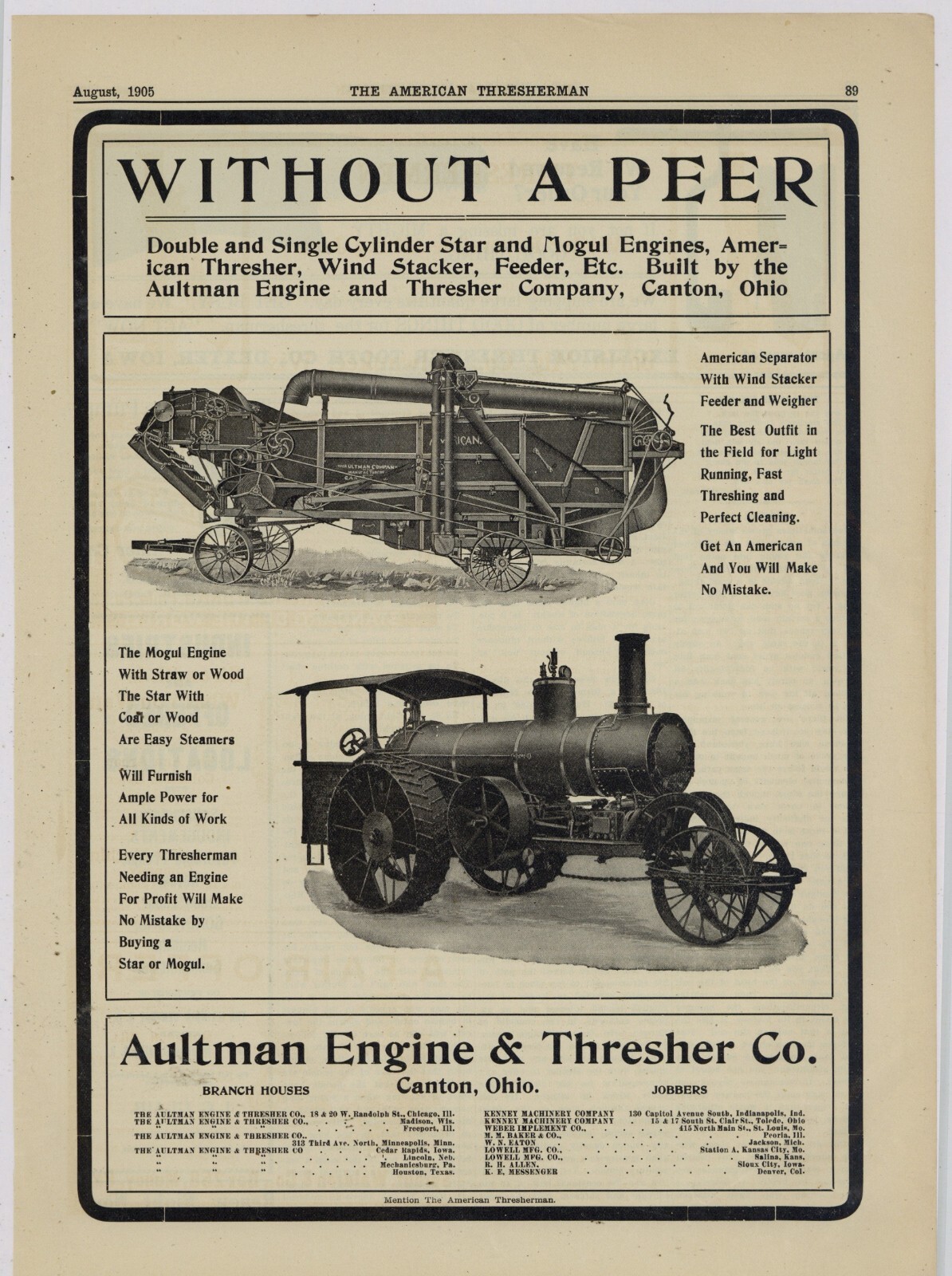 1905 Aultman Engine & Thresher Co. Ad: Mogul Engine & American Separator, Canton