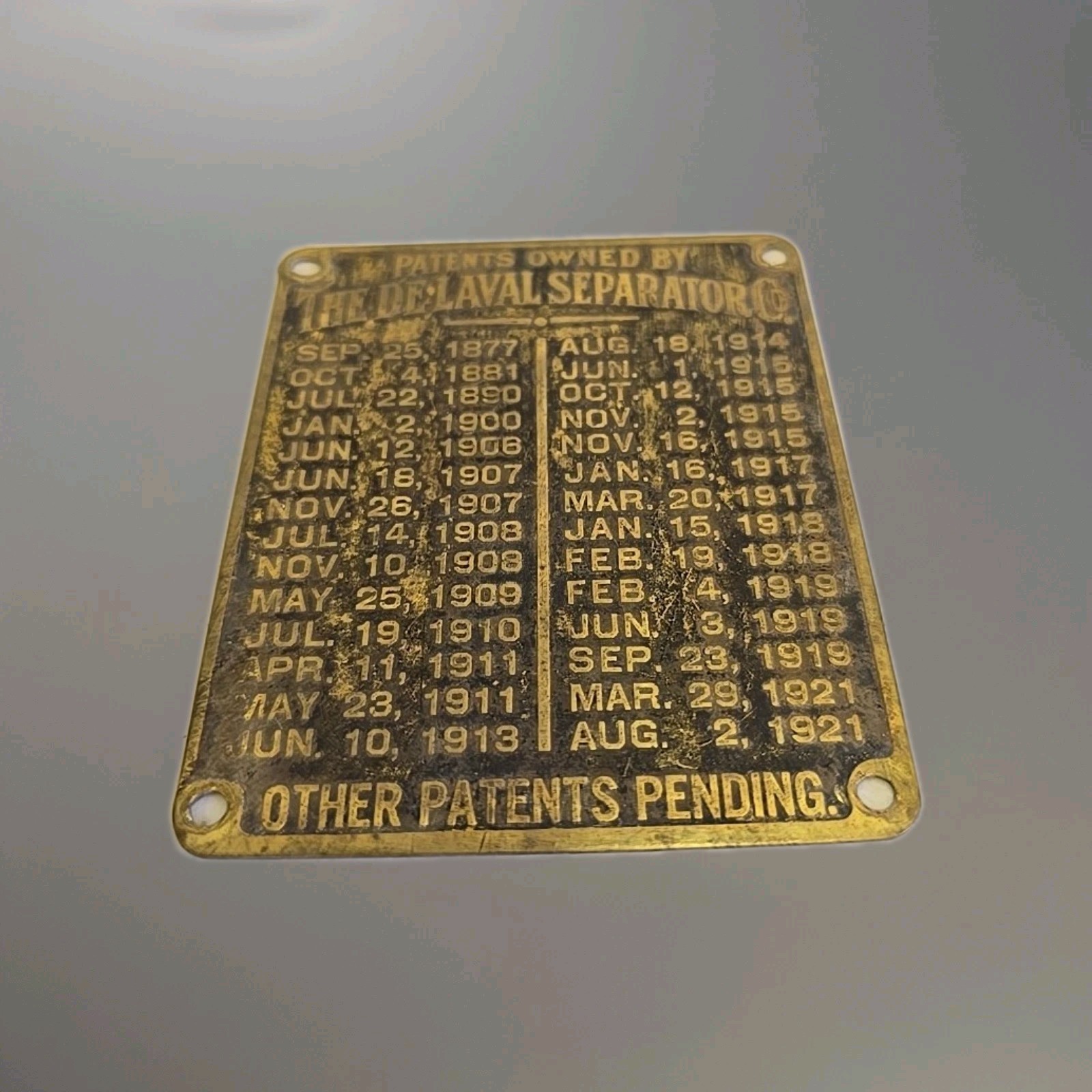 Antique De Laval Seperator Co Advertising 1921 Brass Patent List Badge Emblem