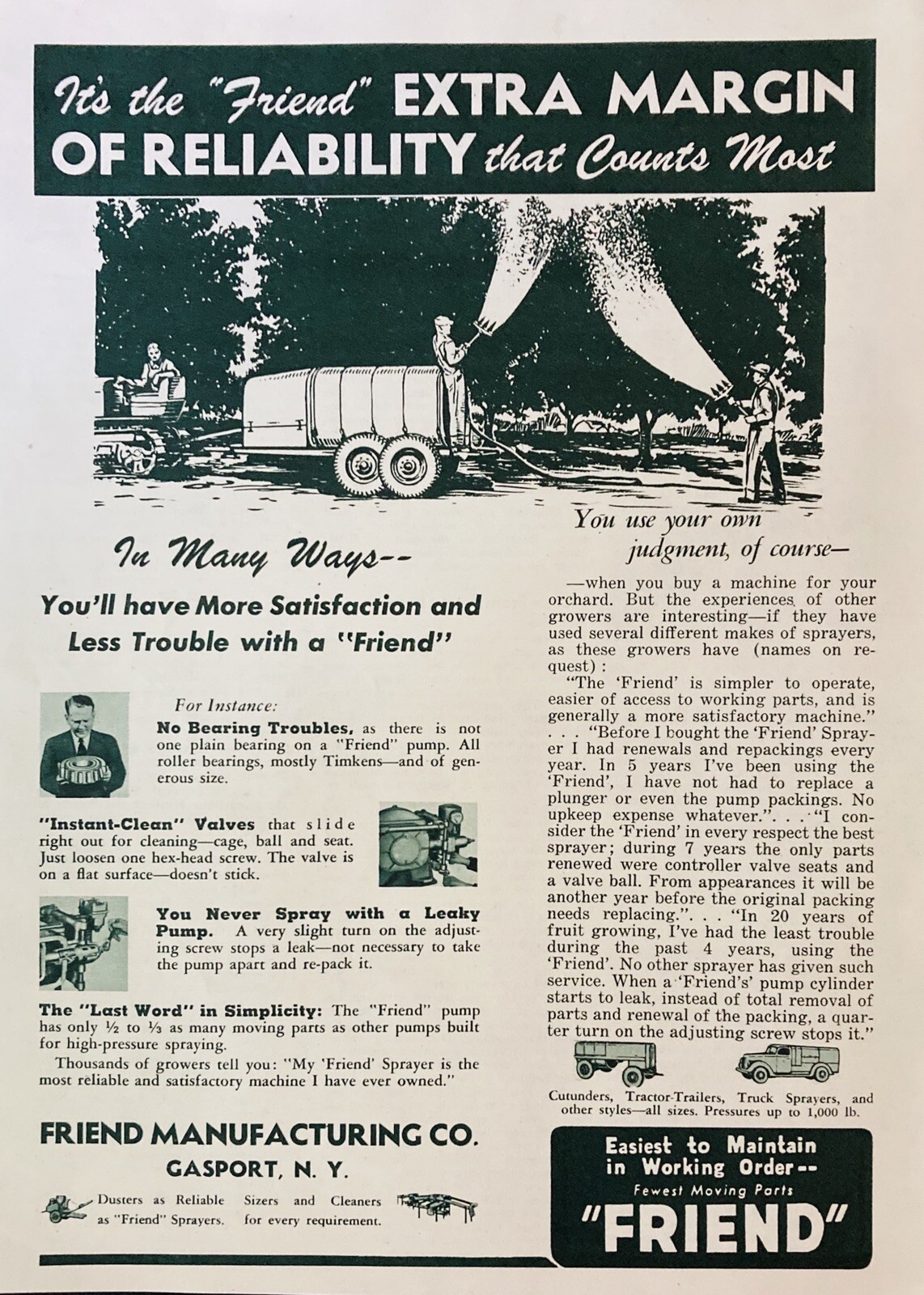 1945 AD.(XF9)~FRIEND MFG. CO. GASPORT, NY. FRIEND ORCHARD DUSTERS AND SPRAYERS