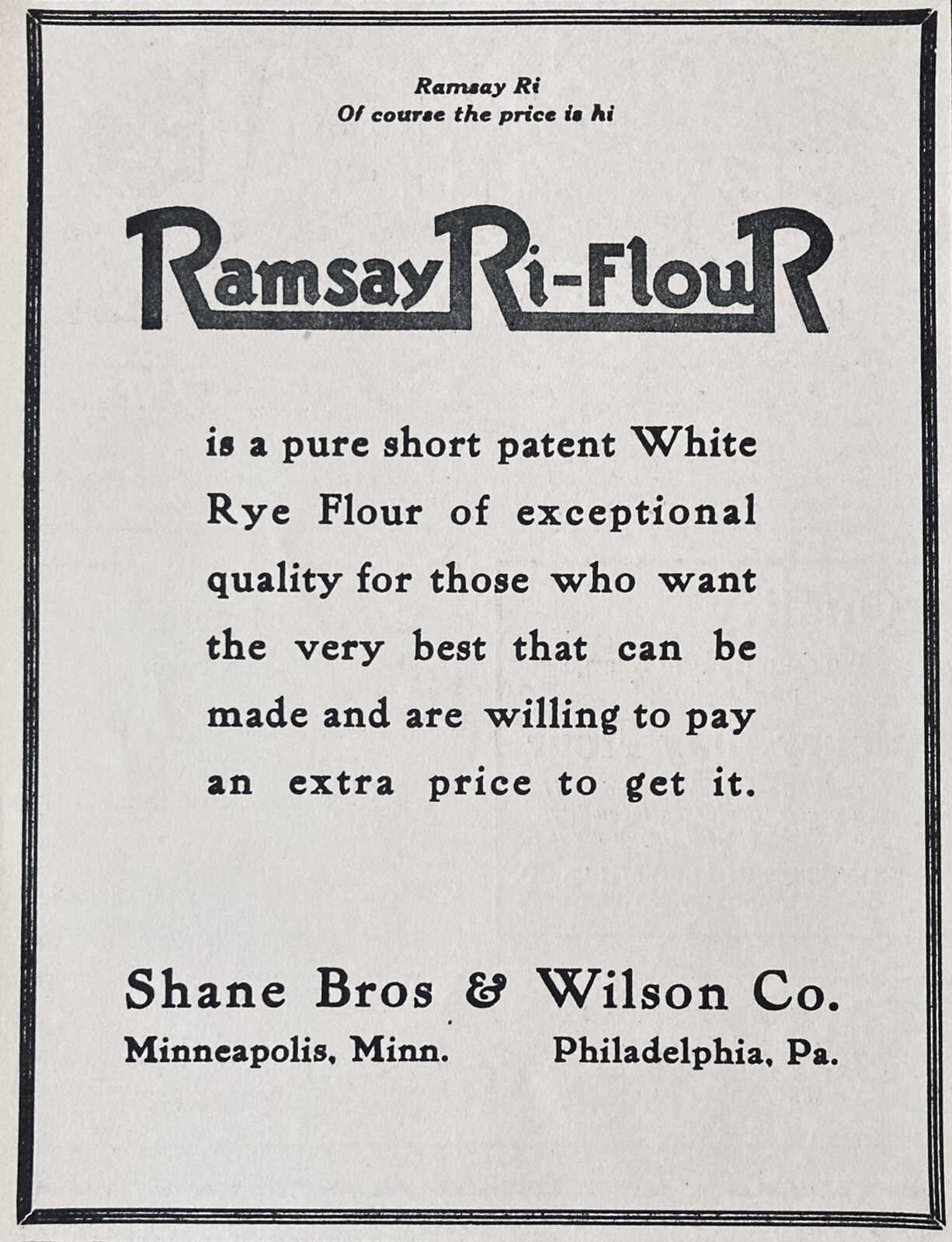 1919 AD.(XH23)~SHANE BROS. & WILSON CO. MINNEAPOLIS, MINN. RAMSAY RI-FLOUR
