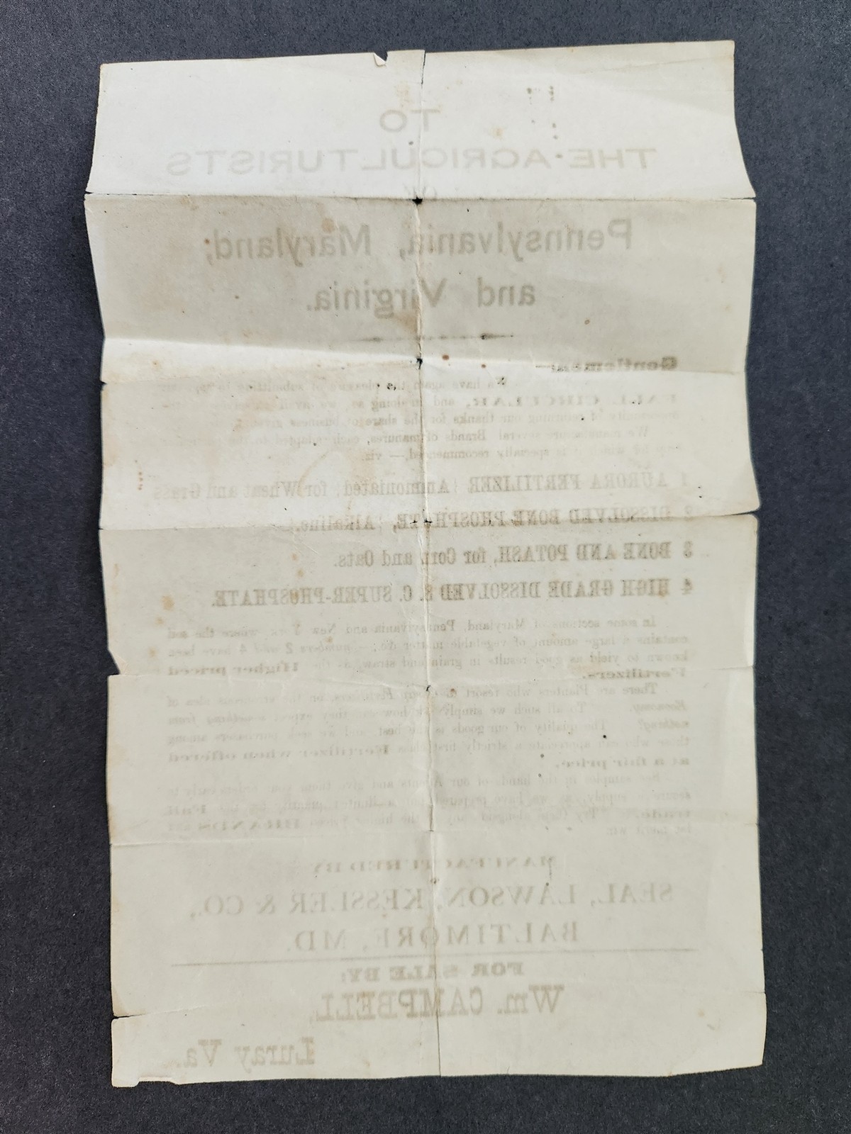 1800s antique MANURE BROADSIDE baltimore md SEAL LAWSON KESSLER luray va CAMPBEL