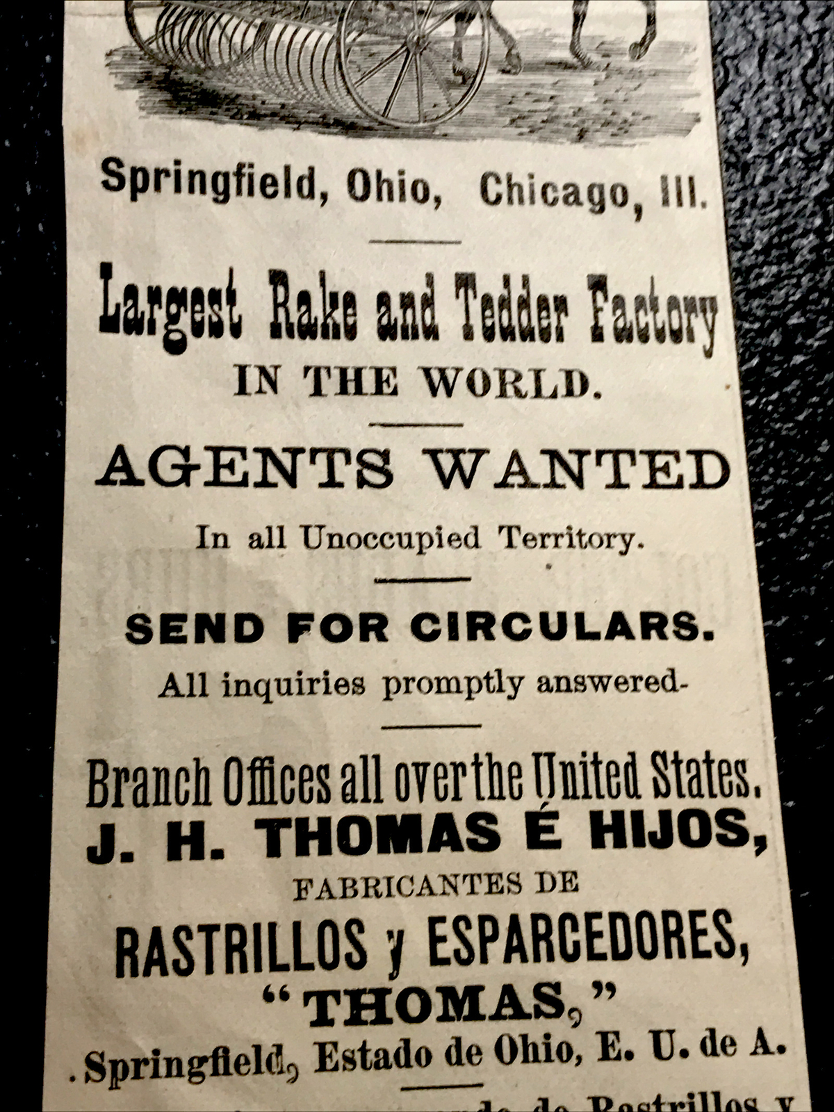1886 J.H. Thomas & Sons Rakes Farm Engraving Advertising – Springfield – Ohio