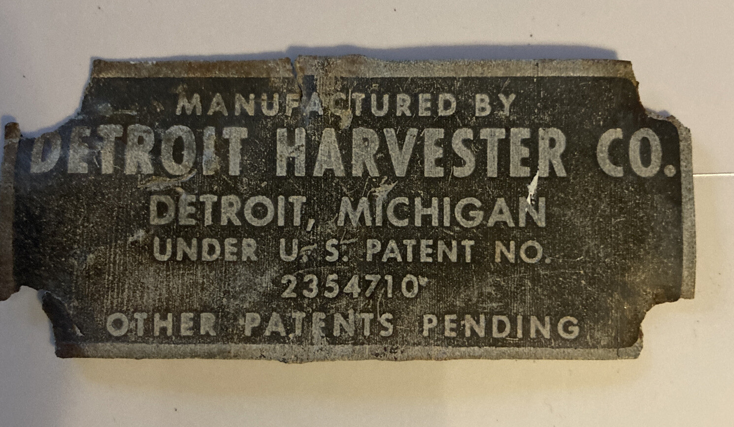 DETROIT HARVESTER CO. Name Plate