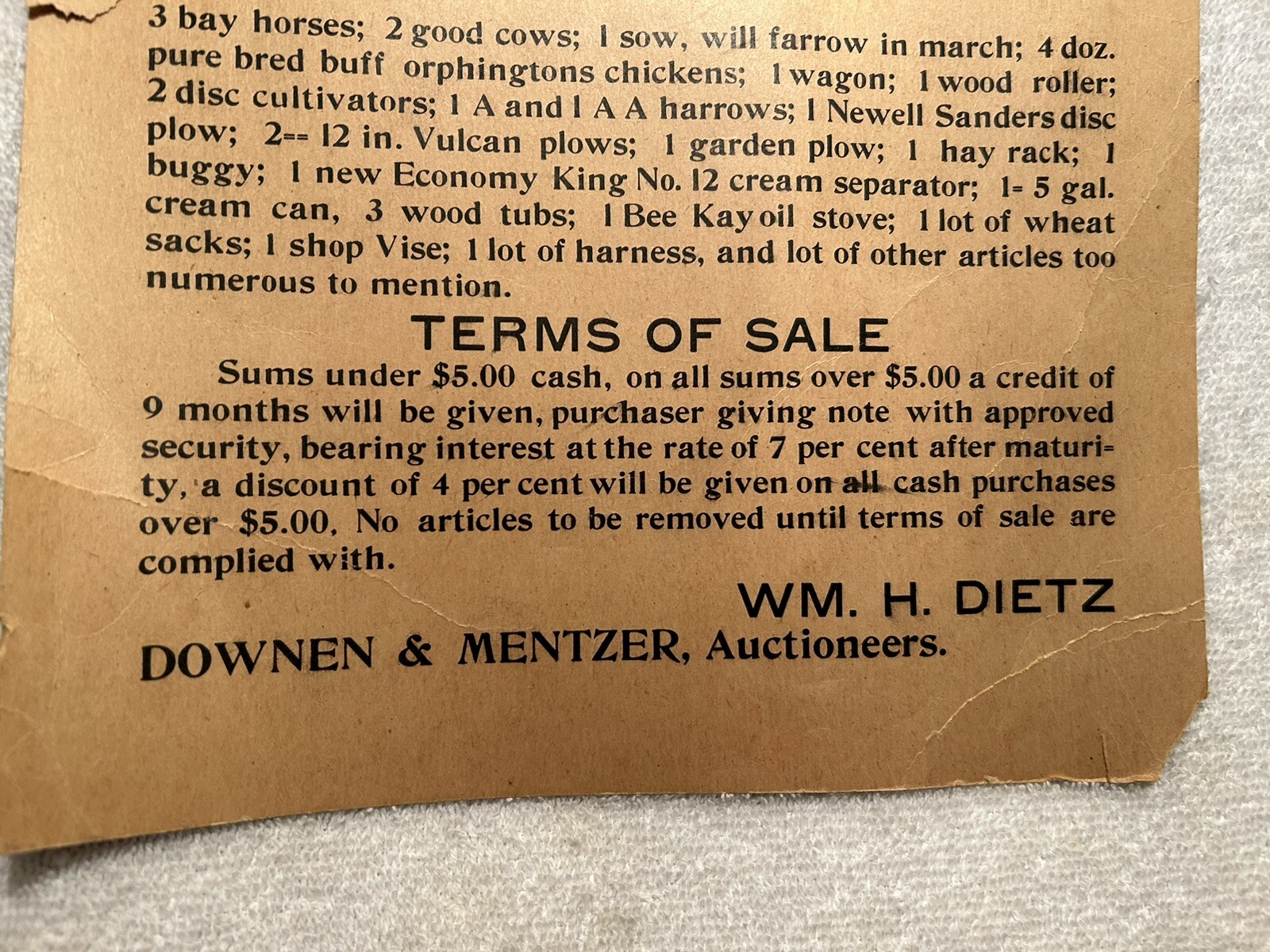 1928 Public Sale Sign Posey County IN Wm. C. Maurer Farm By Wm. Dietz Auctioneer