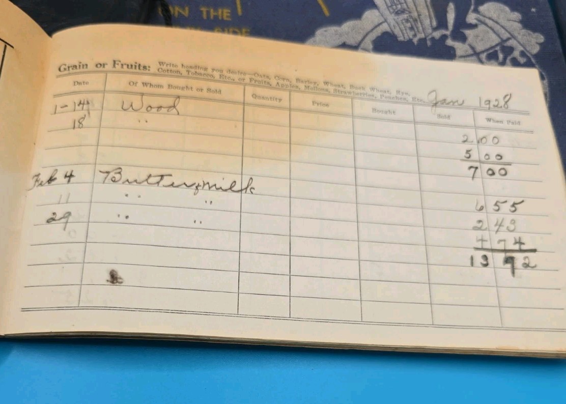 1928–1929 Michigan Farm Ledger – Buttermilk, Eggs, Produce, Livestock, Cow Sale