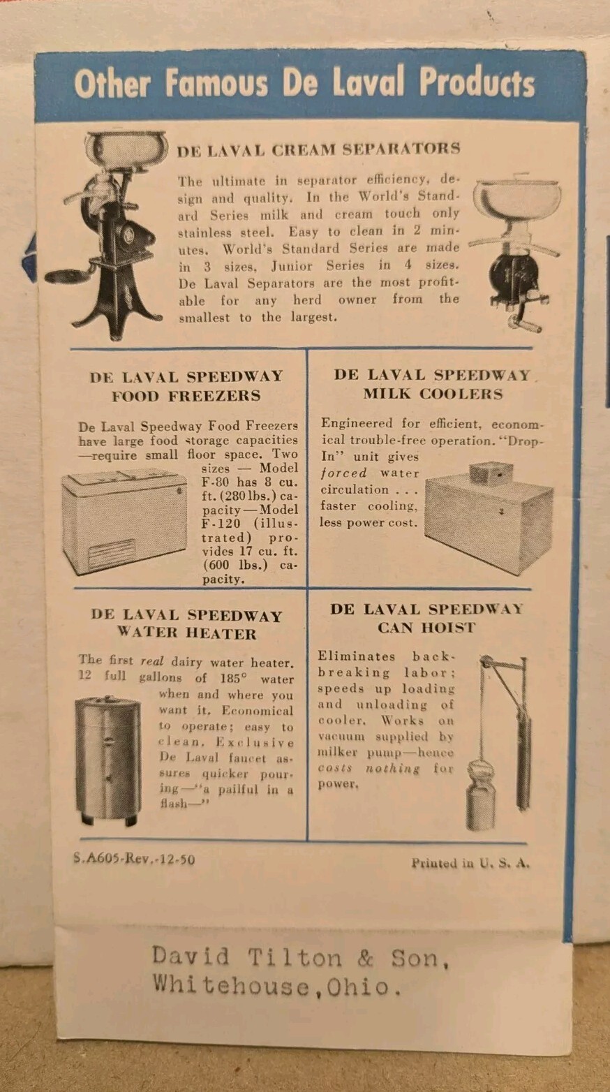 1950 New De Laval Sterling Speedette Milker Brochure Tilton & Son Whitehouse OH