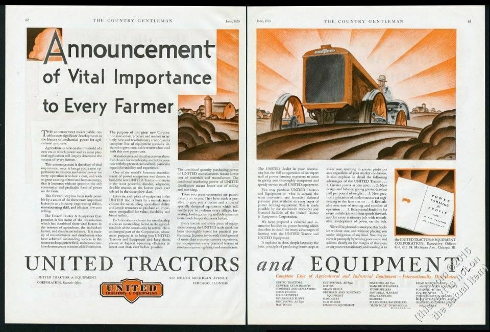 1929 United tractor farm farmer art BIG vintage print ad