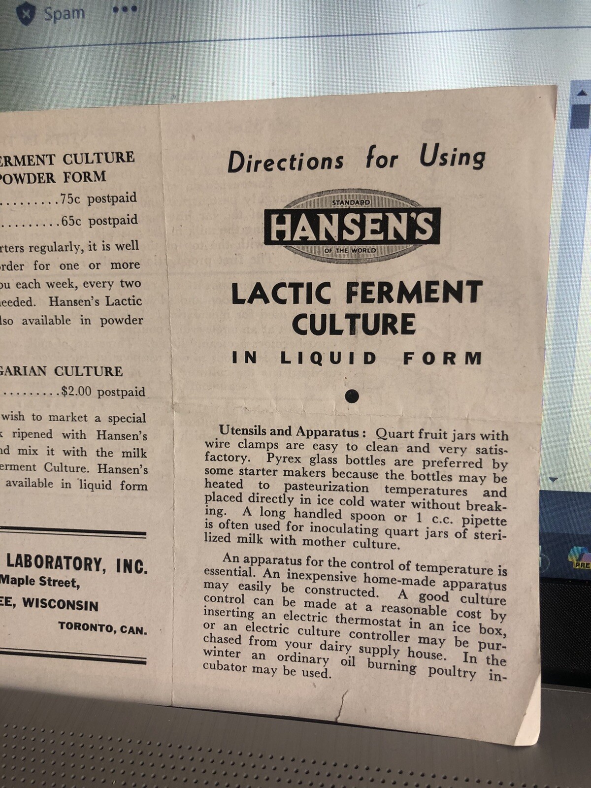 Chr. Hansen&rsquo;s Laboratories Wisconsin Dairy Lactic Ferment Culture Directions