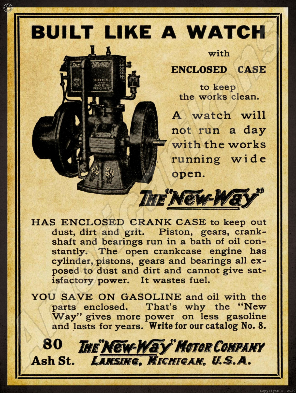 1912 New Way Motor Co. New Metal Sign: Gas Engines – Lansing, Michigan