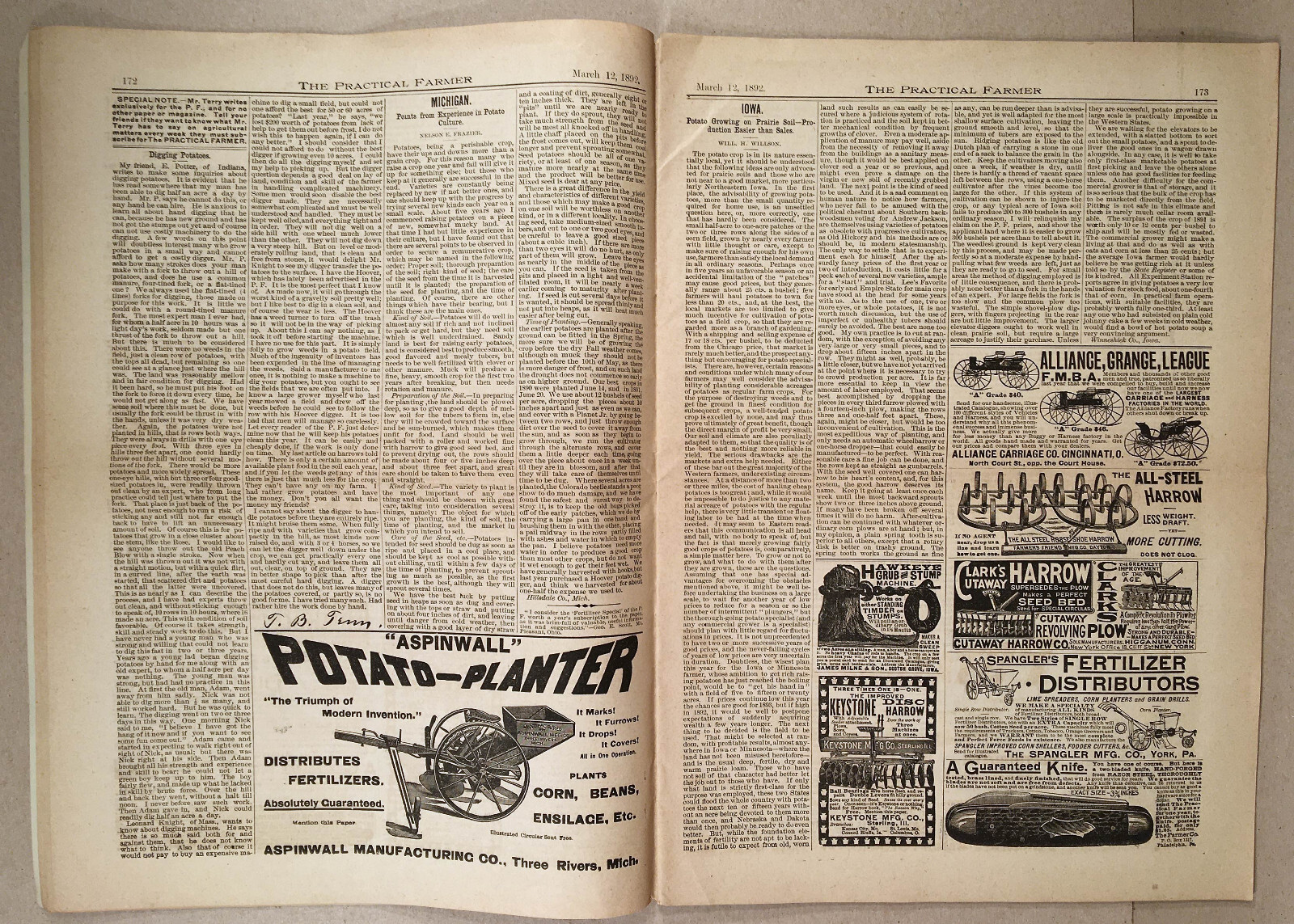 THE PRACTICAL FARMER Magazine March 12, 1892, Vol.64, No.11 – Great Ads & Illus.