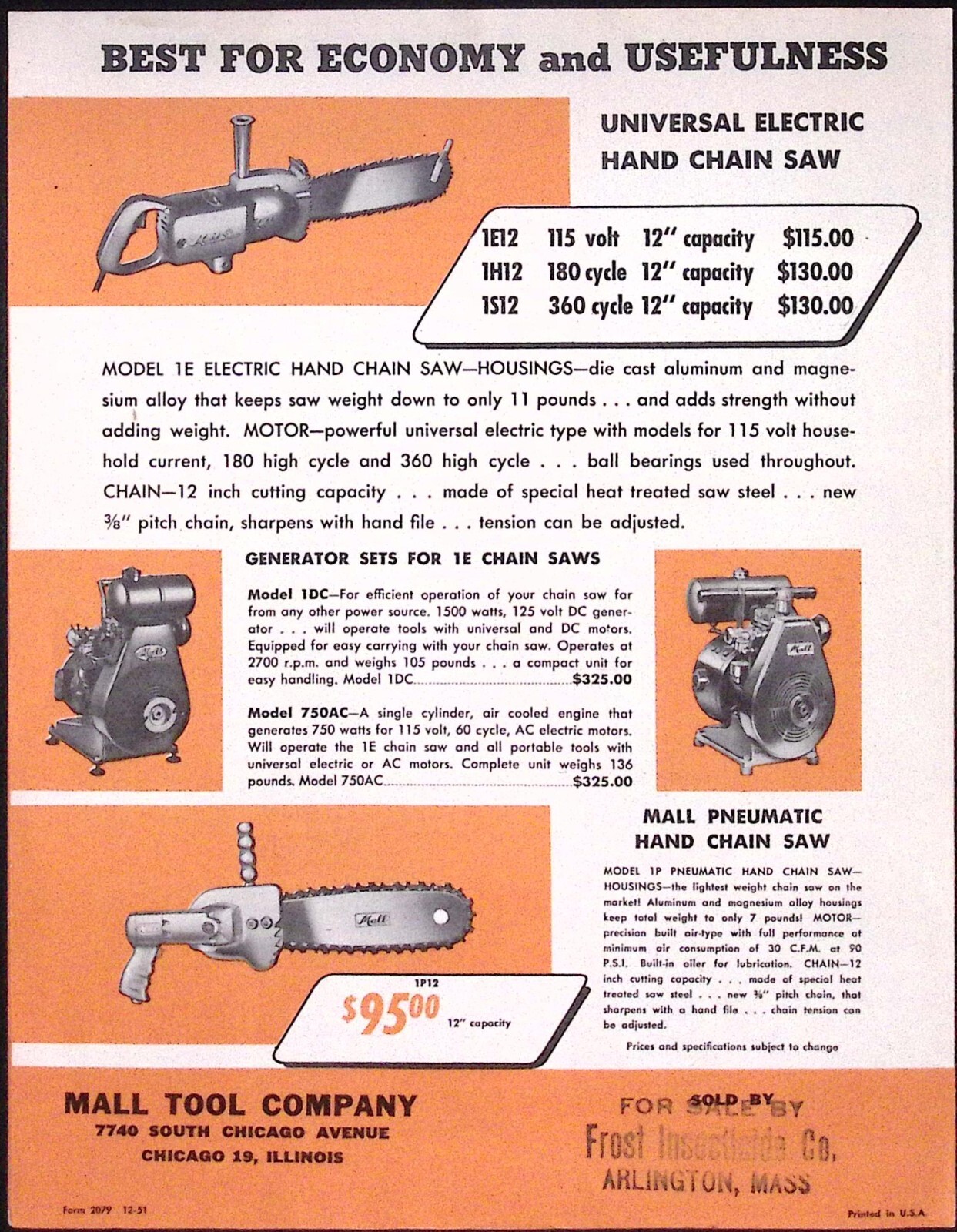 1952 Mall Tool Co Model 1E12 Electric Hand Chain Saw Dealer Brochure