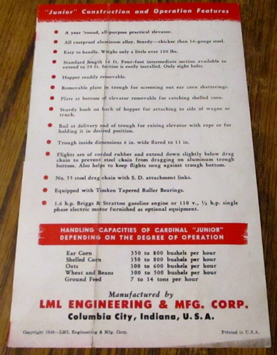 LML Engineering Mfg Cardinal Junior Elevator Sales Literature Brochure Ephemera
