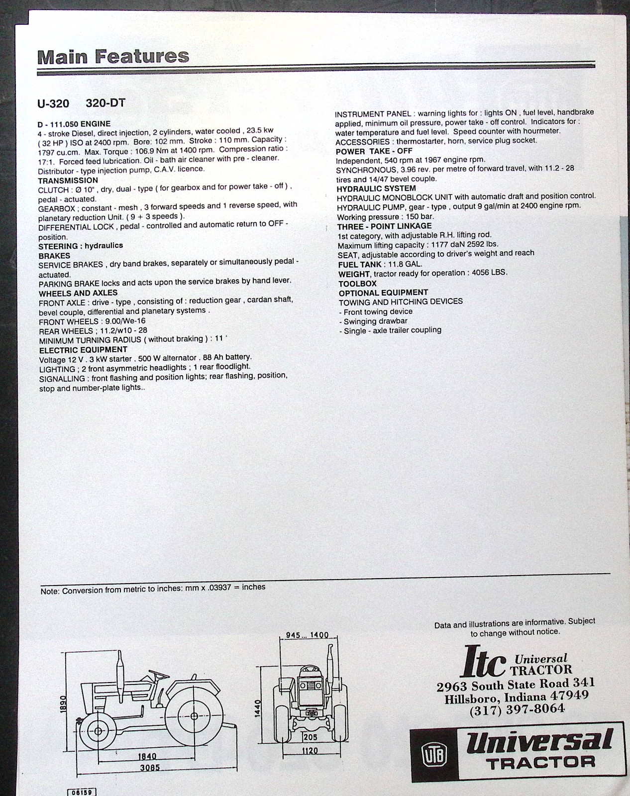 Universal Tractor U-320, 320-DT spec sheet brochure