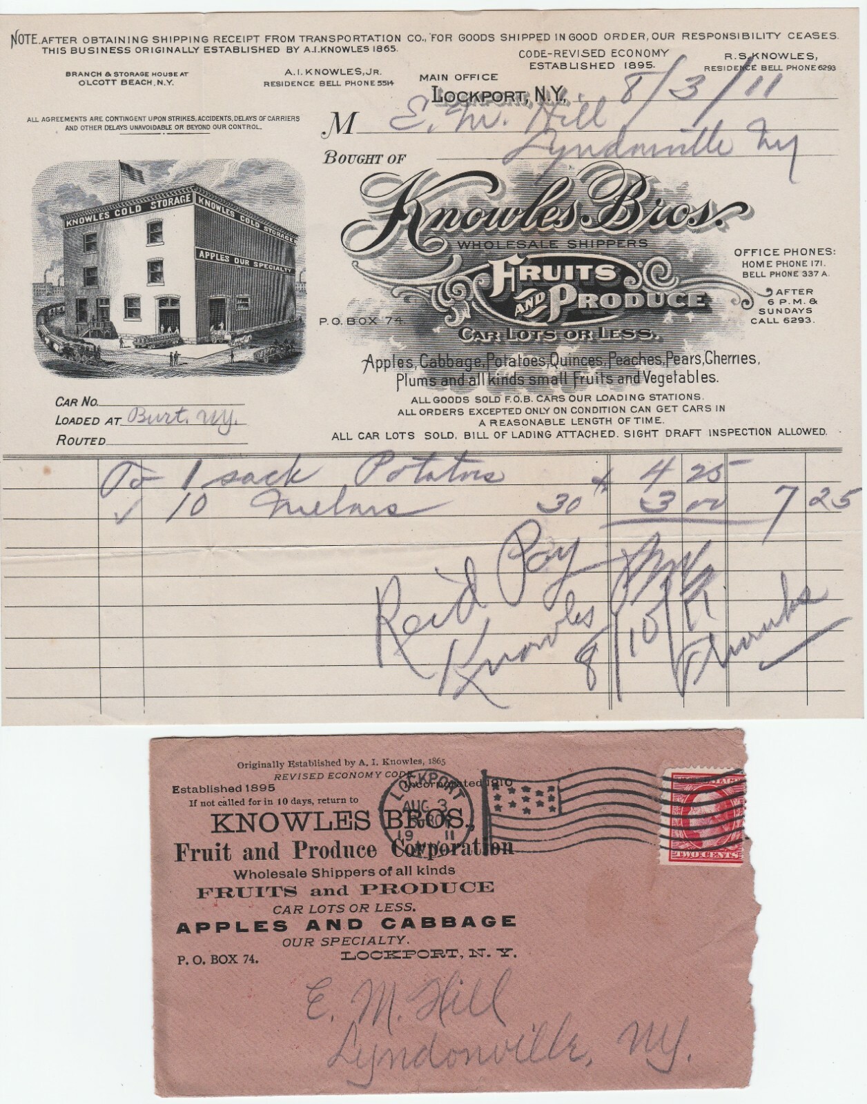 RARE Advertising Cover & Graphic Billhead Knowles Fruit Produce Lockport NY 1911