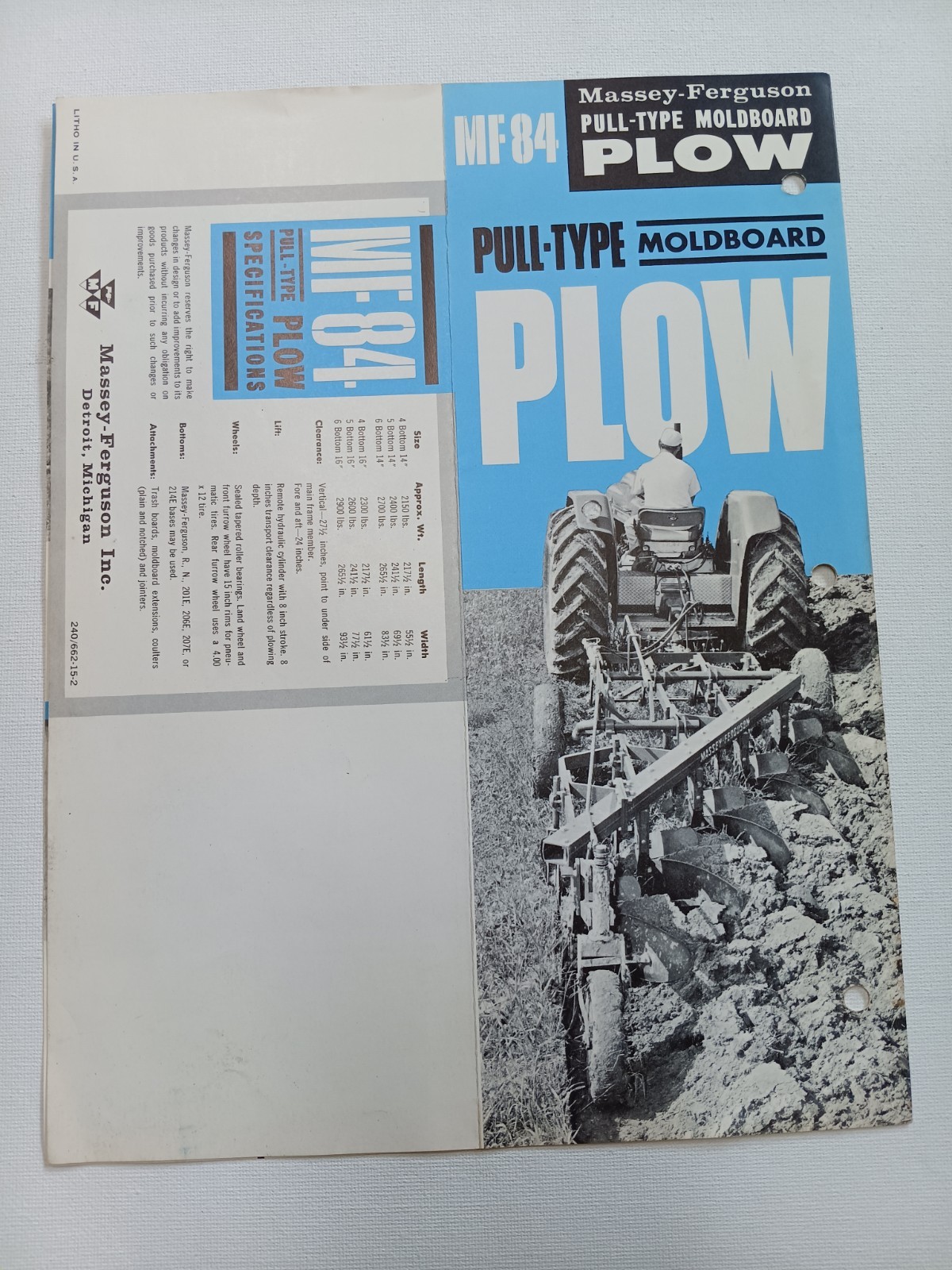 Vintage Mailer Massey Ferguson MF 84 Pull Type Moldboard Plow Dealer Brochure AD