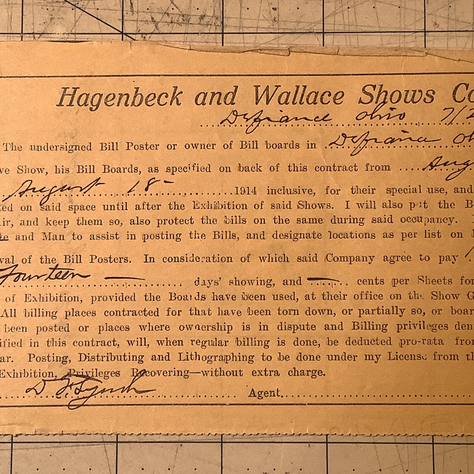 1914 Hagenbeck And Wallace Shows Contract Defiance, Ohio ￼INV-P0153