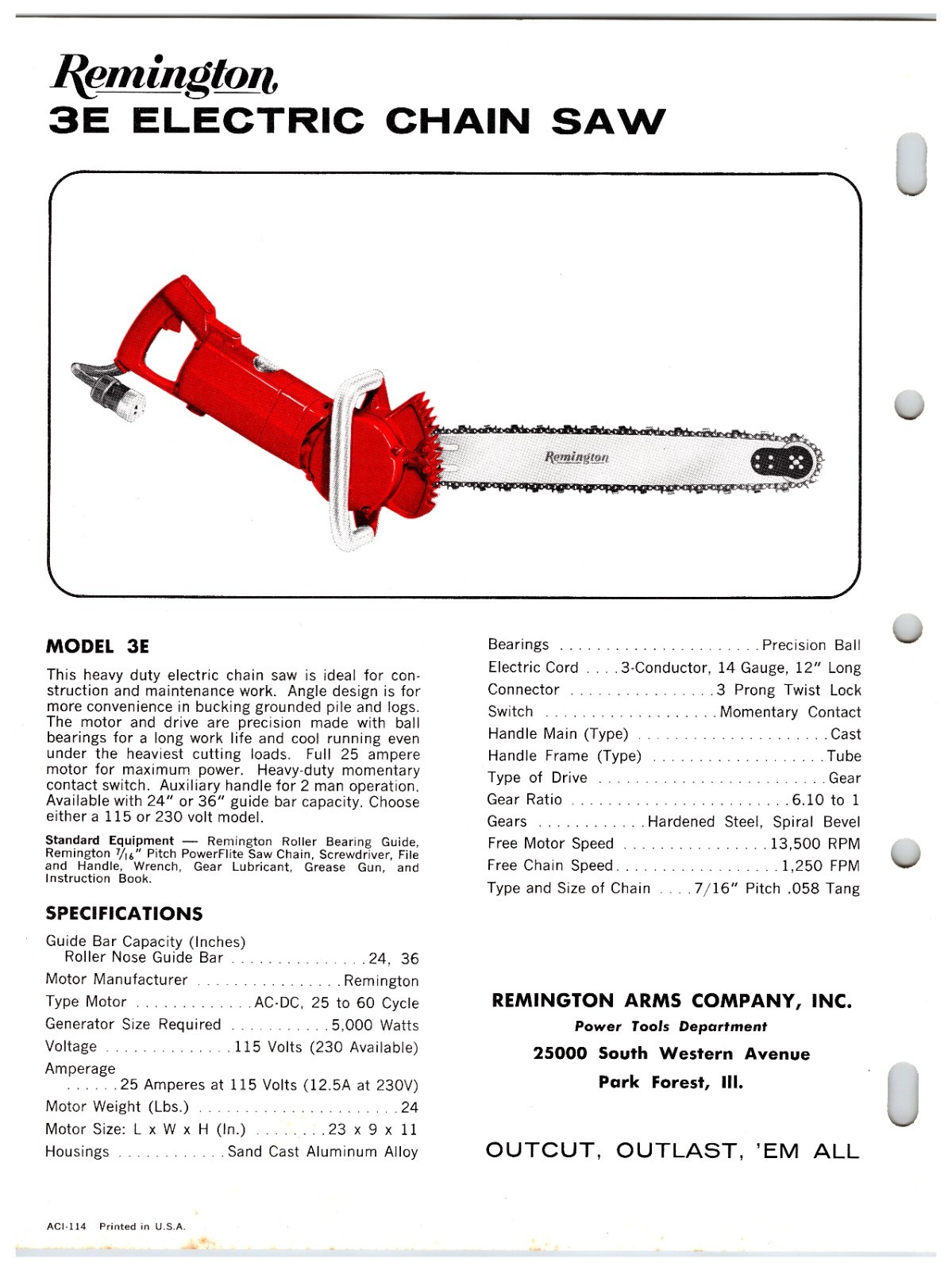 Vintage Original Remington Chainsaws Sales Sheet (Model EL / 3E) Info Sheet