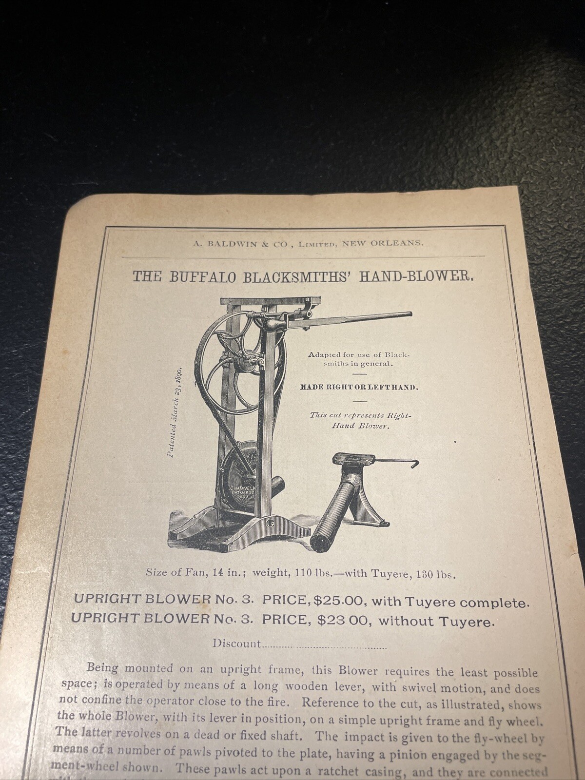 1891 Baldwin – Blacksmith Buffalo Hand Blower – Farm Advertising – New Orleans