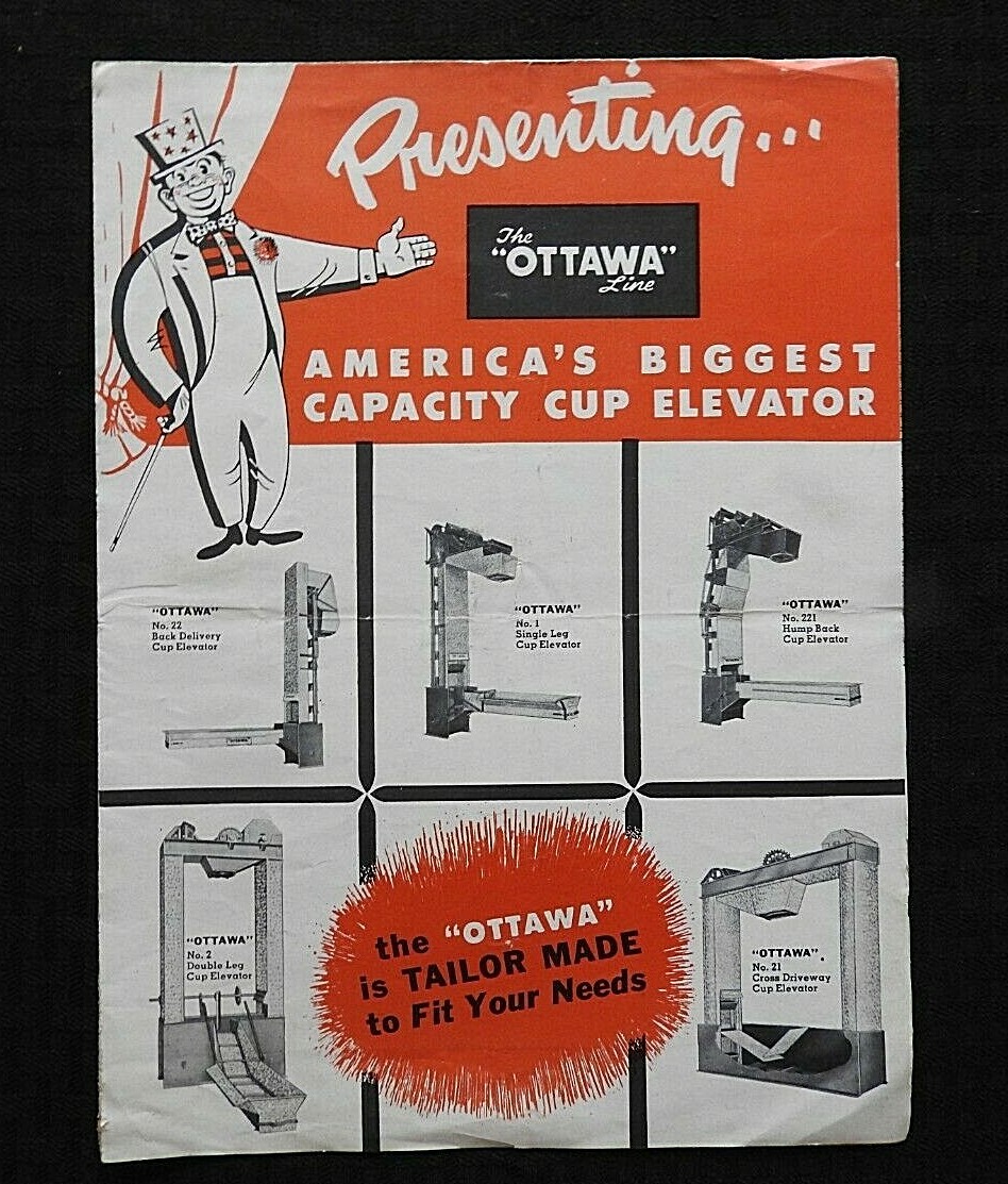 1950&rsquo;s « OTTAWA BIGGEST CAPACITY GRAIN CUP ELEVATOR » FOLD-OUT POSTER BROCHURE IL