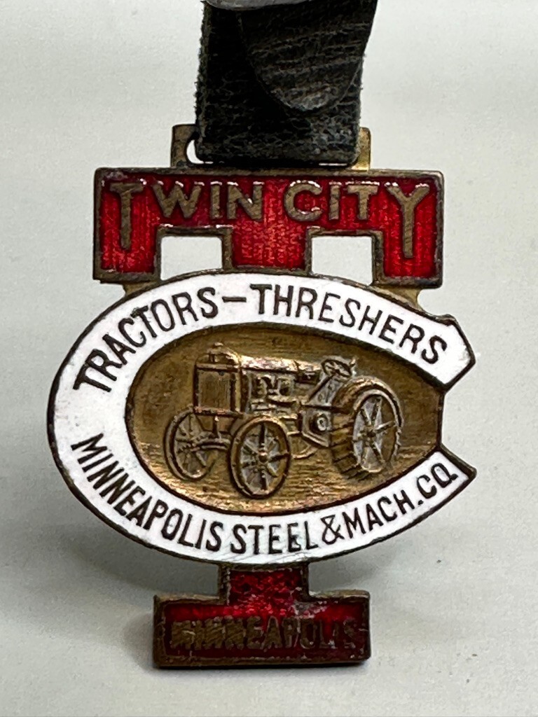 Antique TWIN CITY TRACTOR THRESHER Porcelain WATCH FOB Farm Advertising Enamel