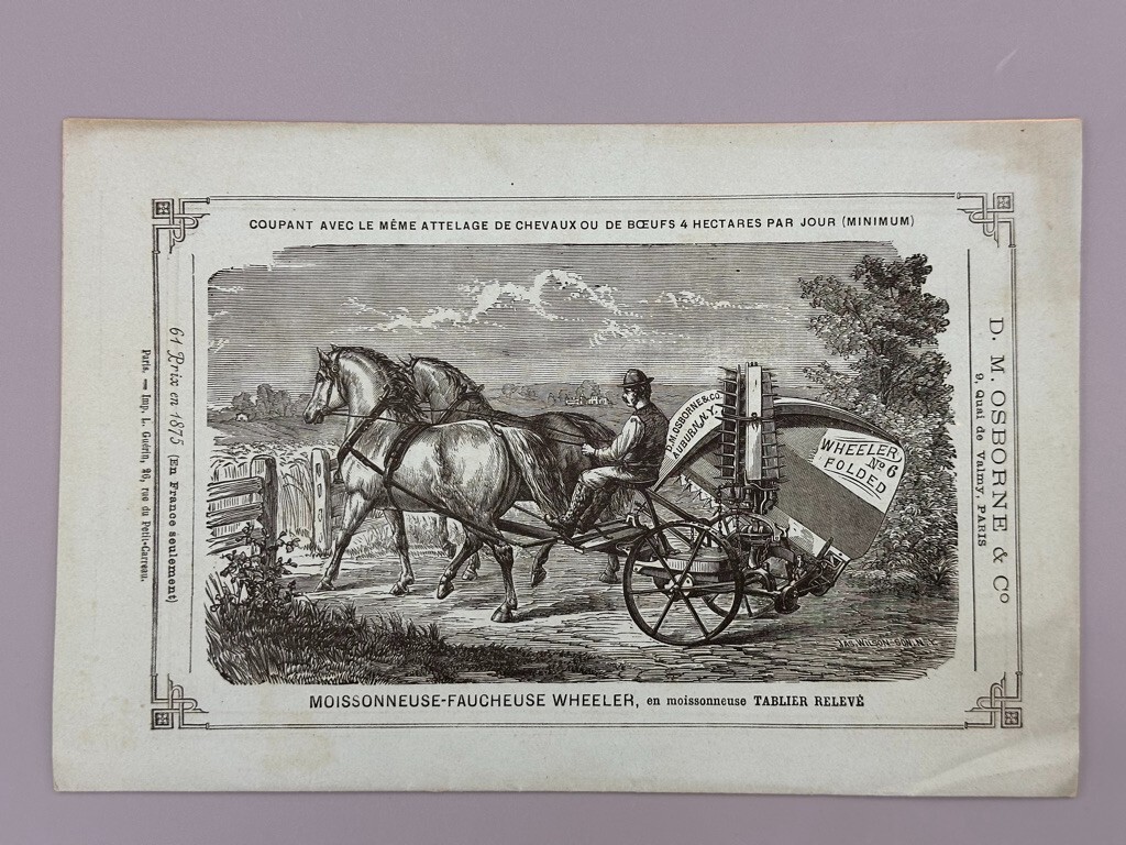 1876 DM OSBORNE Farm MOWER Harvester ADVERTISING French Catalog Antque AUBURN NY