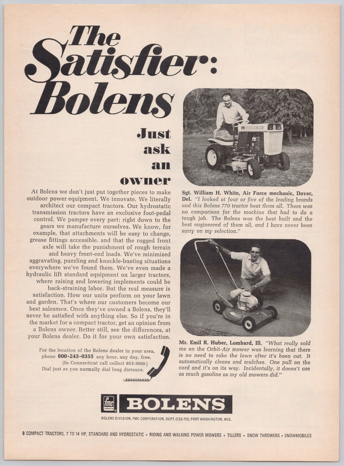 1969 BOLENS 770 Garden Tractor Vintage Print Ad Orbit-Air Lawn Mower FMC Corp