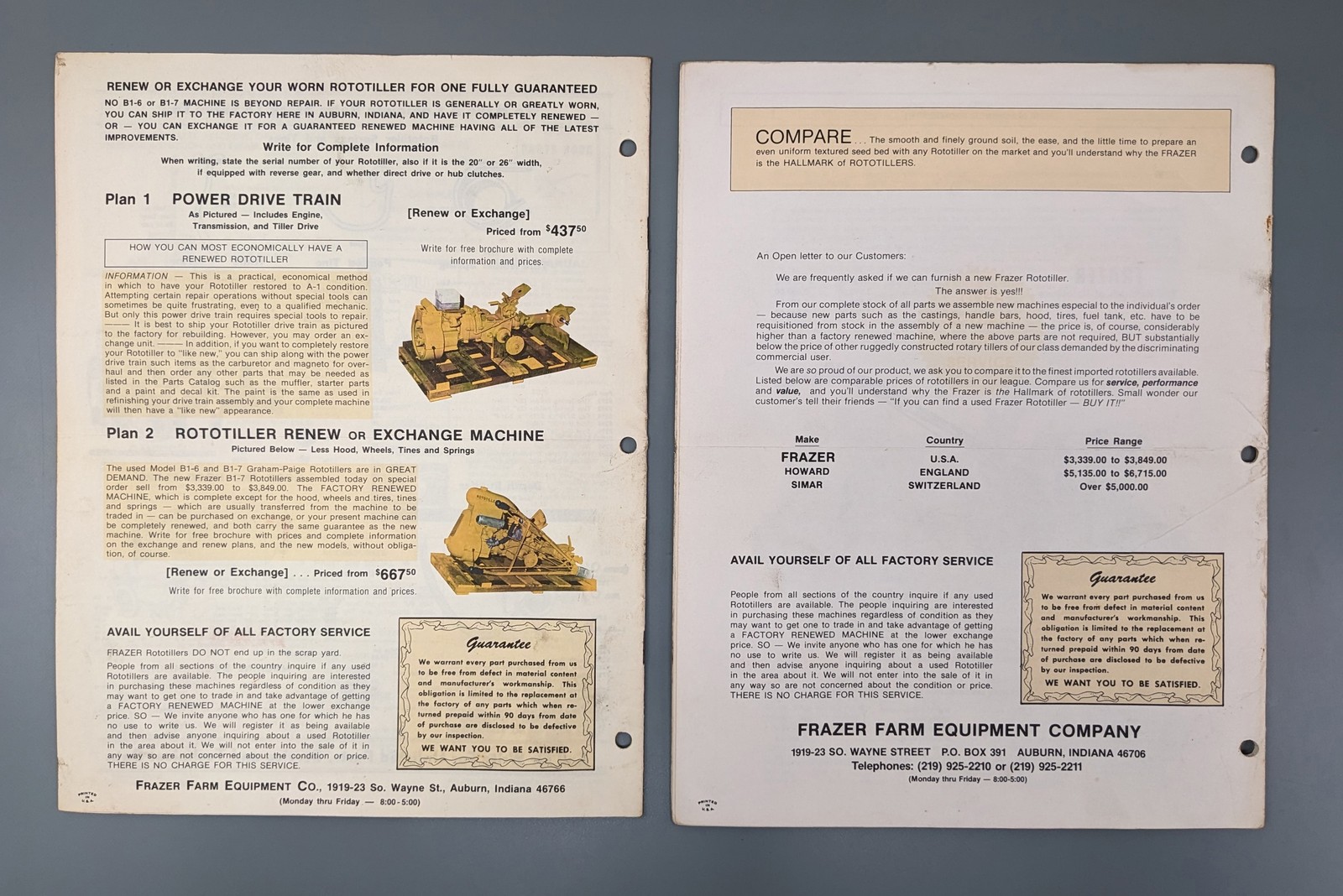 (2) Frazer Rototiller Factory Parts + Price Catalogs 1981 1983